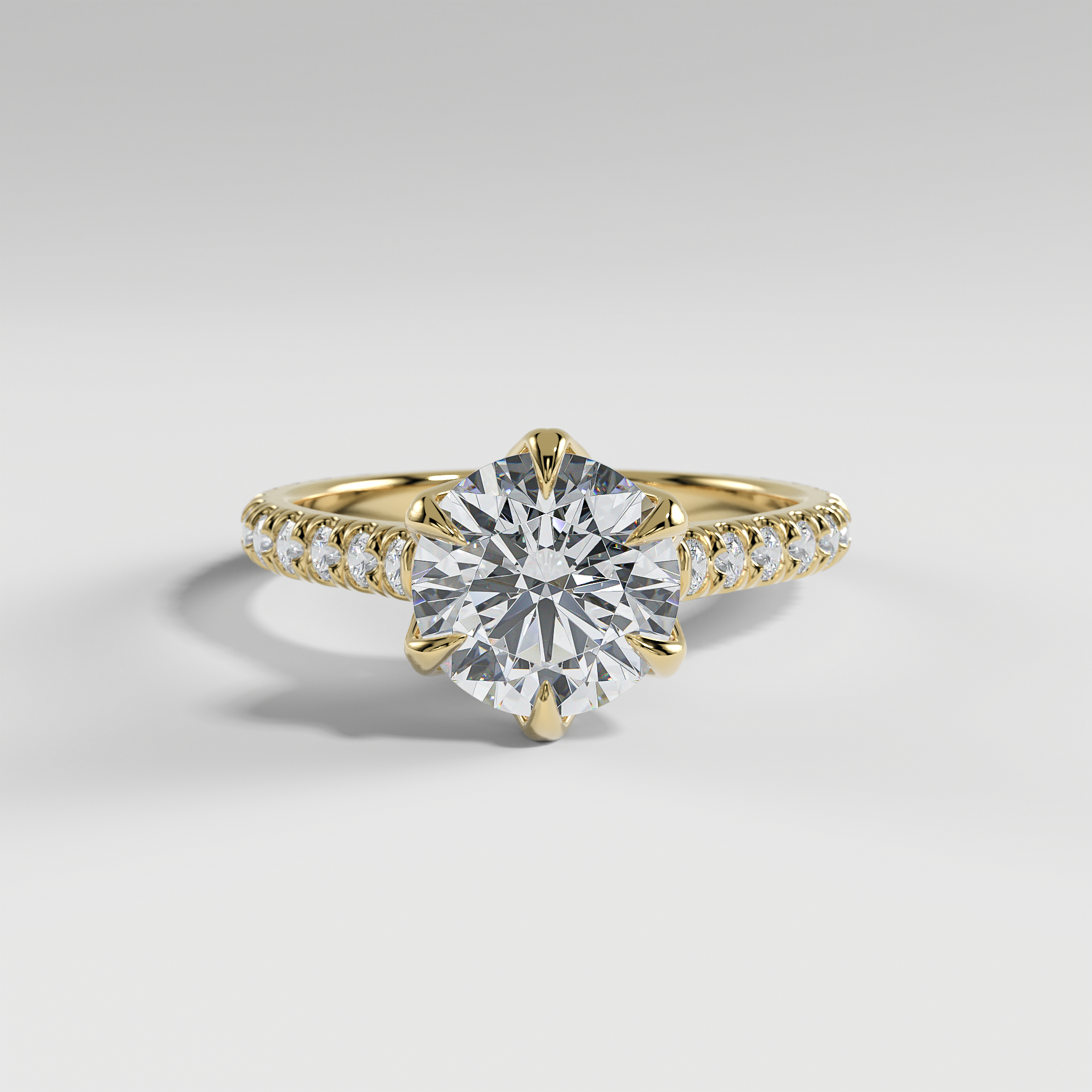 VIOLET - Round Solitaire Engagement Ring with Pavé Diamond Cathedral Band and Lotus Basket
