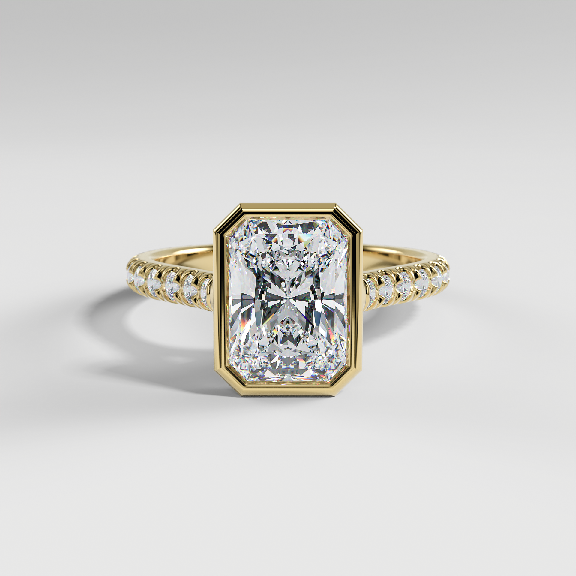 ABIGAIL - Radiant Solitaire Engagement Ring with Pavé Diamond Cathedral Band and Full Bezel Setting