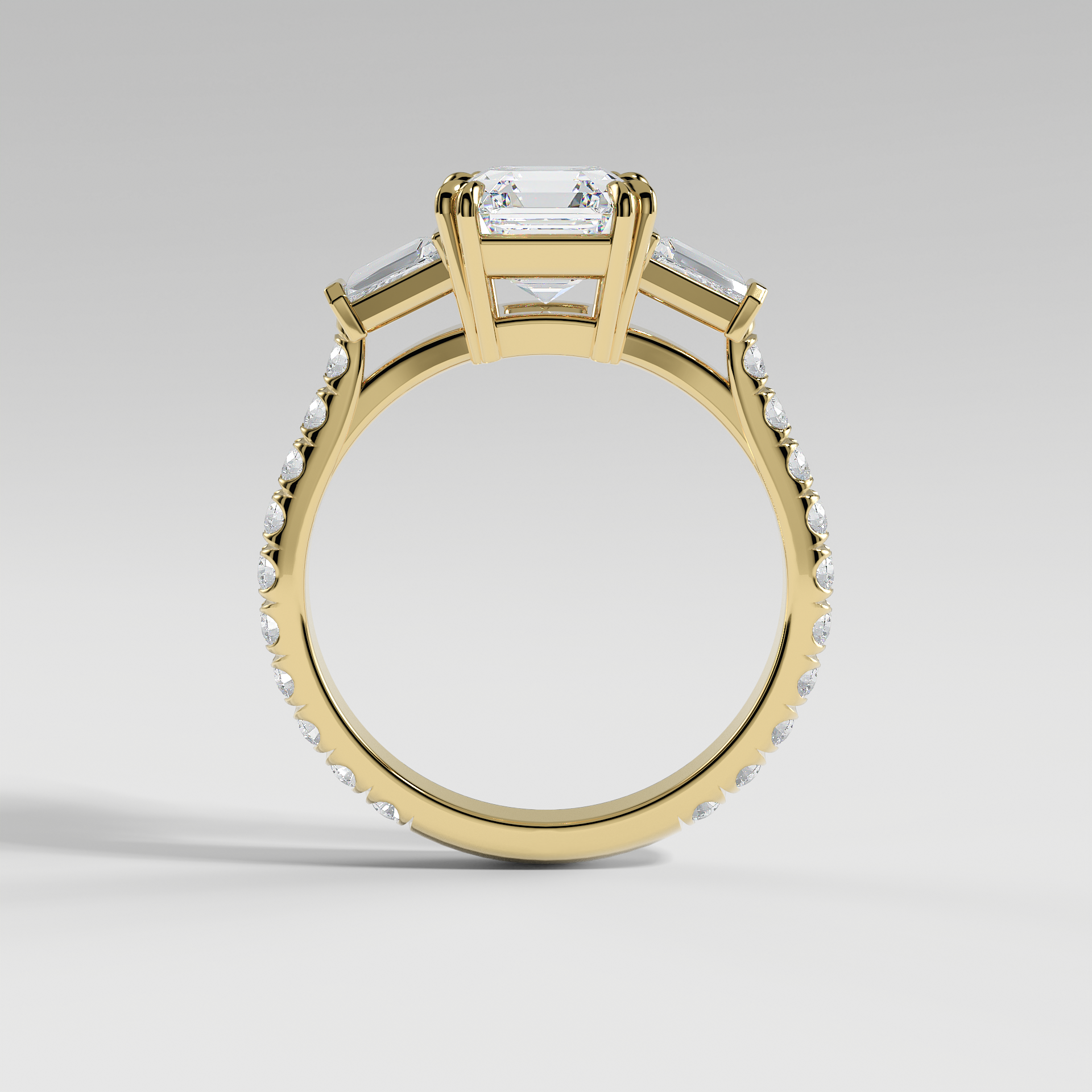 IVY - Asscher Three-Stone Engagement Ring with Tapered Baguette Side Stones and Pavé Cathedral Band