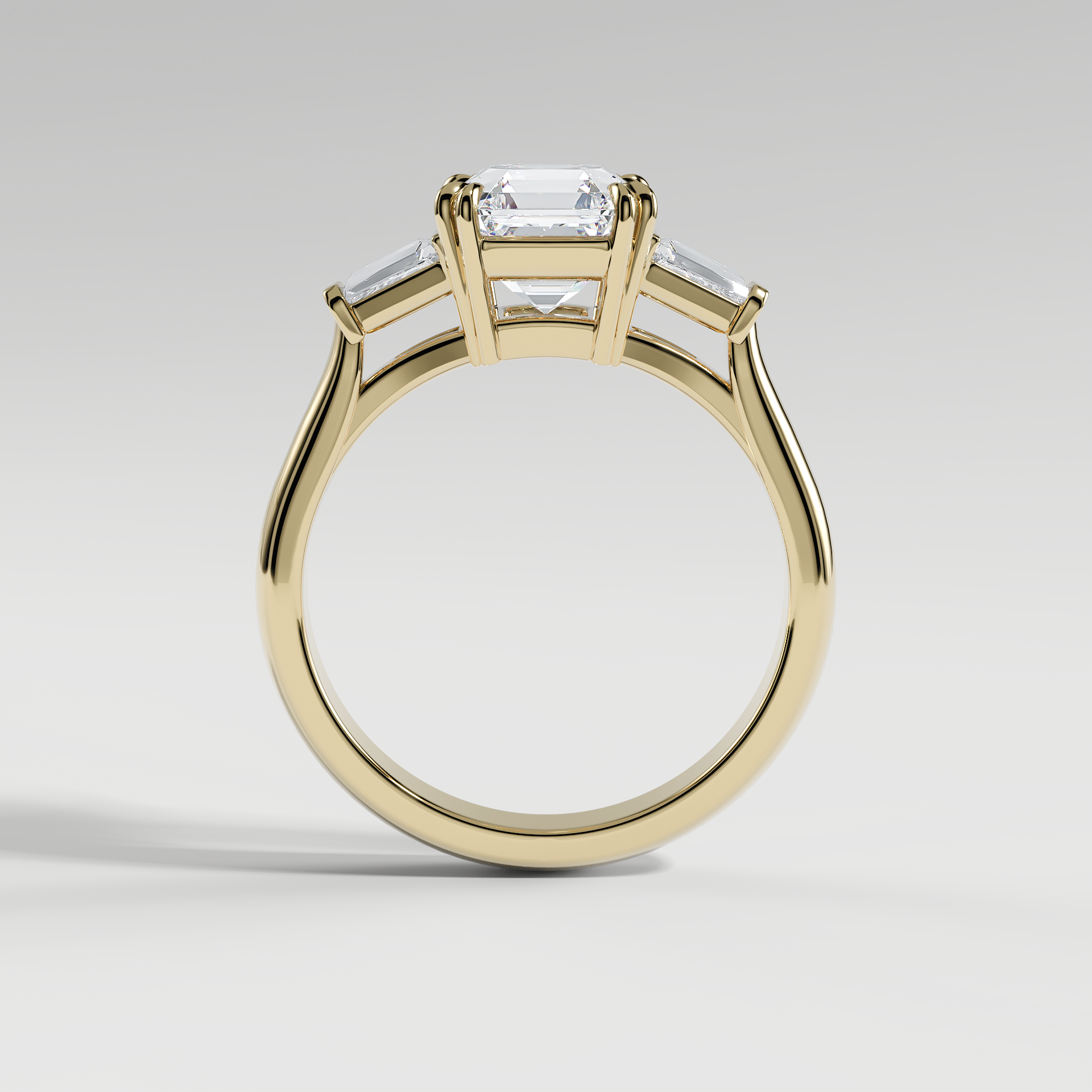 LILY - Asscher Three-Stone Engagement Ring with Tapered Baguette Side Stones and Polished Cathedral Band