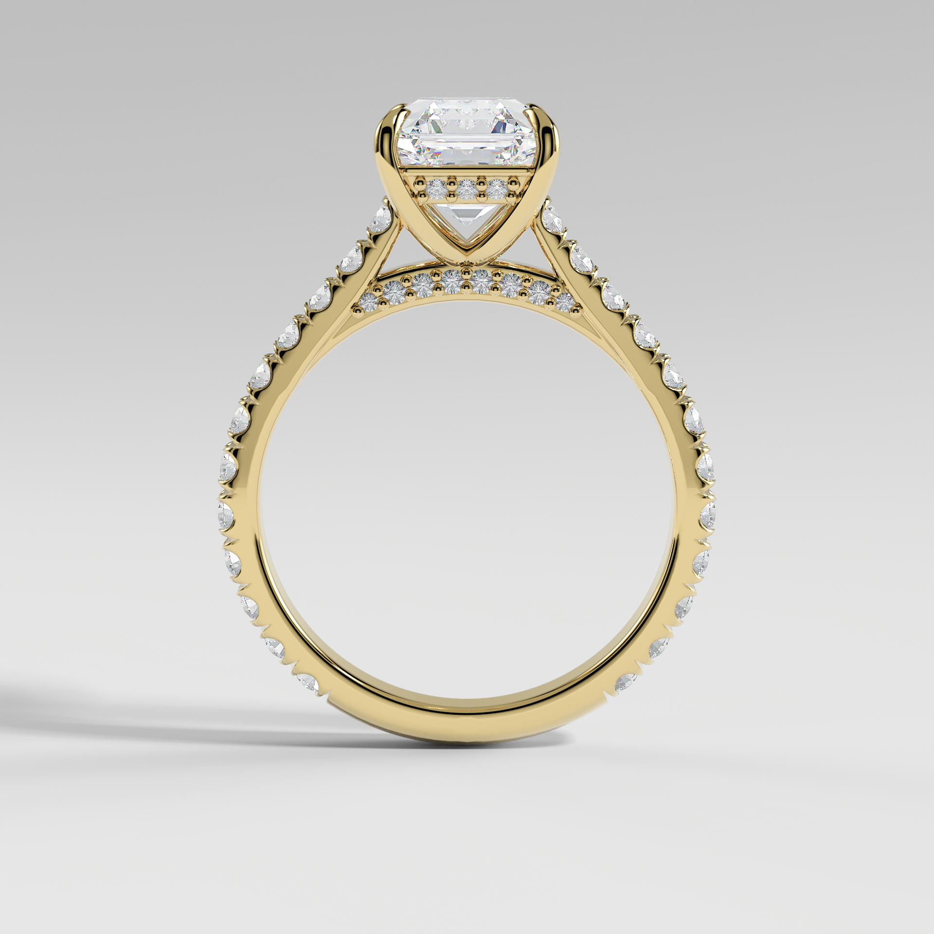LUCY - Asscher Solitaire Engagement Ring with Pavé, Cathedral Band, Hidden Halo, and Pavé Bridge