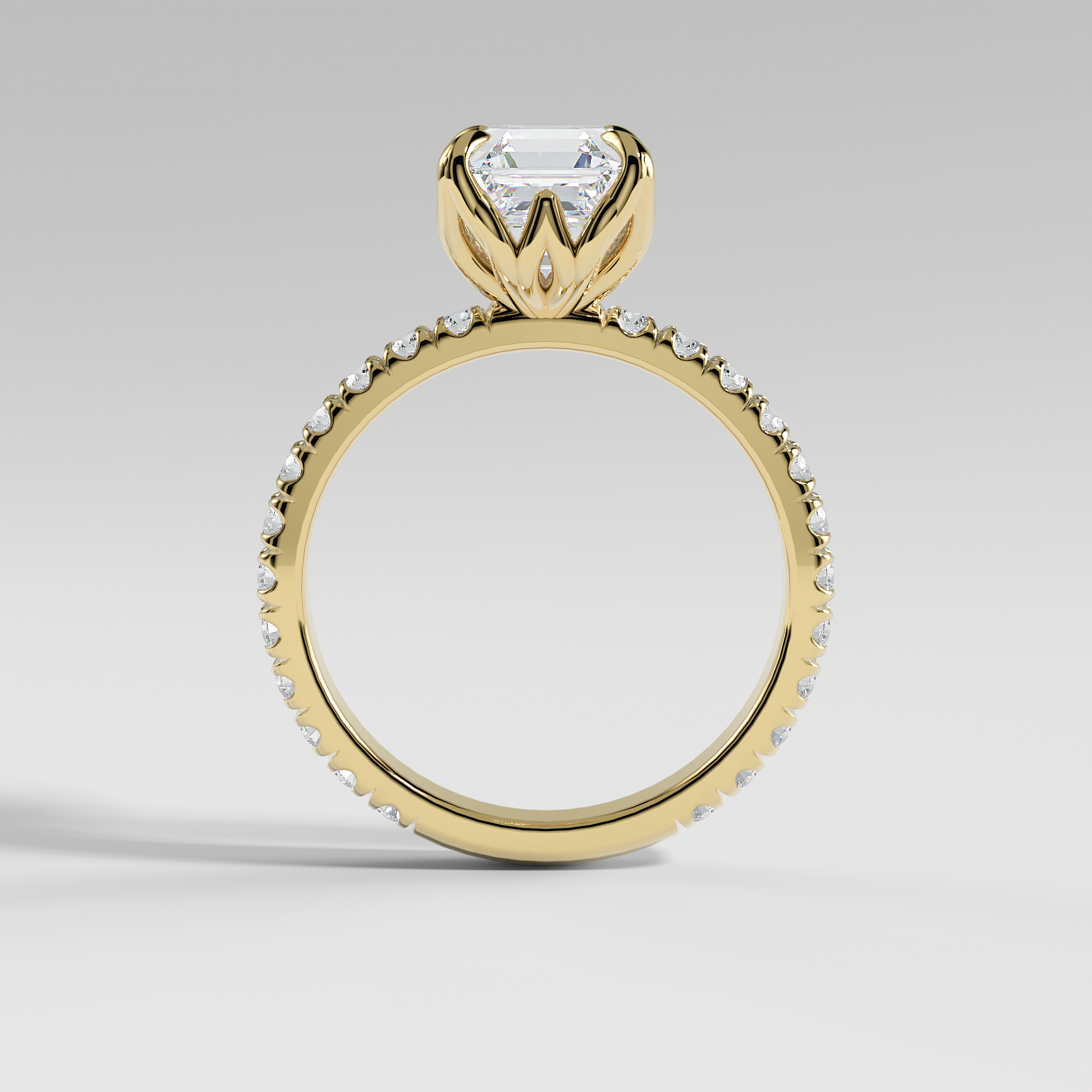 HAILEY - Asscher Solitaire Engagement Ring with Pavé Diamond Band and Lotus Basket