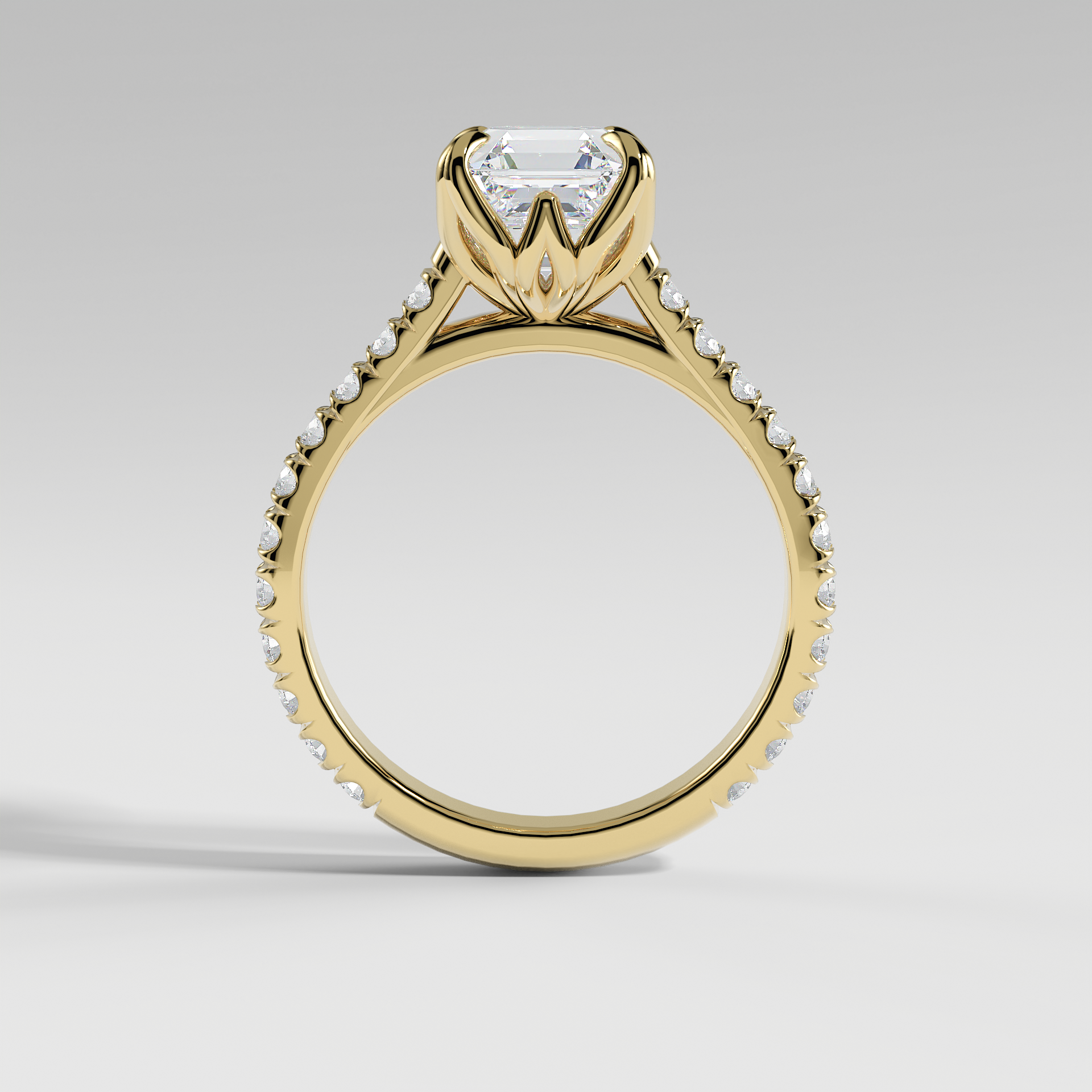VIOLET - Asscher Solitaire Engagement Ring with Pavé Diamond Cathedral Band and Lotus Basket