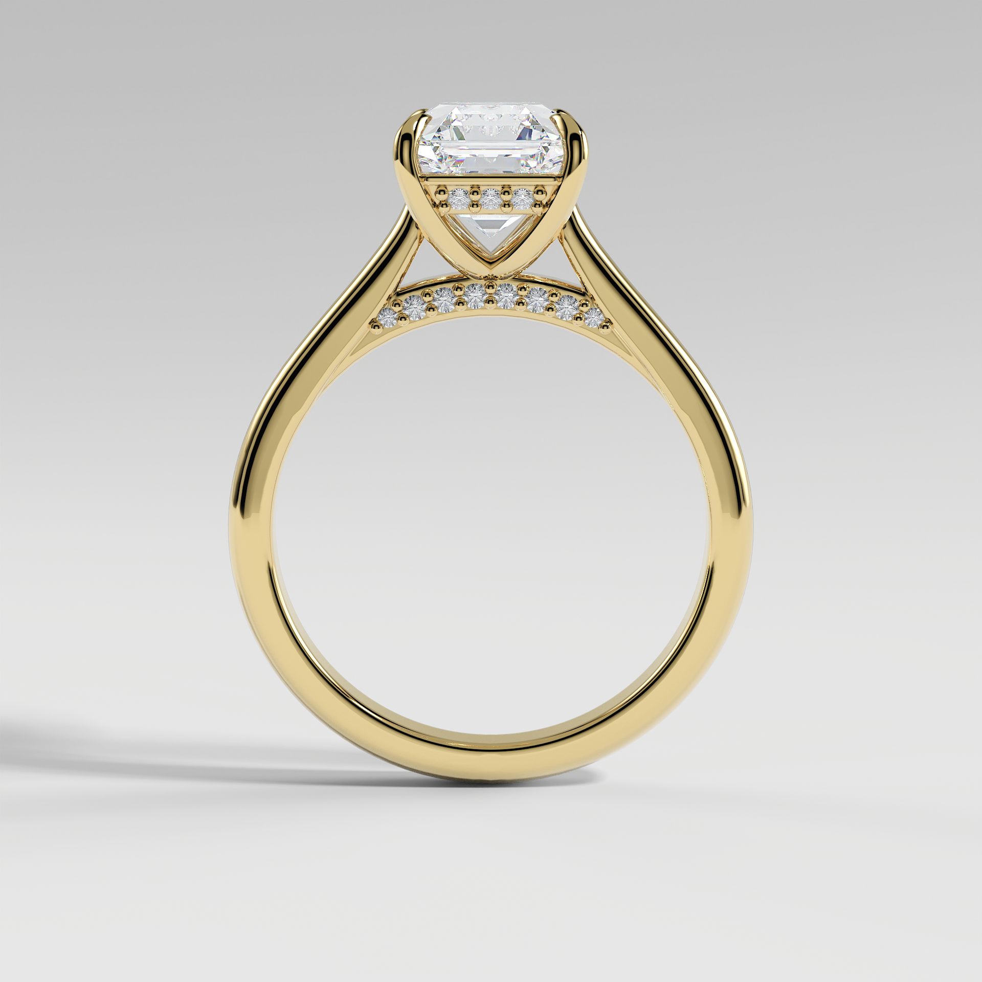 BILLIE - Asscher Solitaire Engagement Ring with Hidden Halo, Polished Cathedral Band, and Pavé Bridge