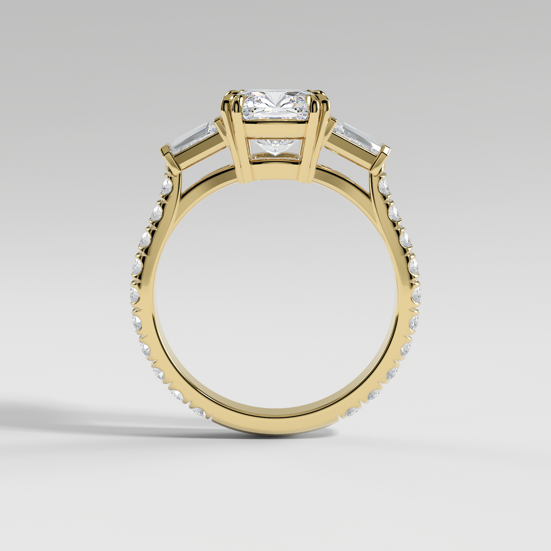 IVY - Cushion Three-Stone Engagement Ring with Tapered Baguette Side Stones and Pavé Cathedral Band