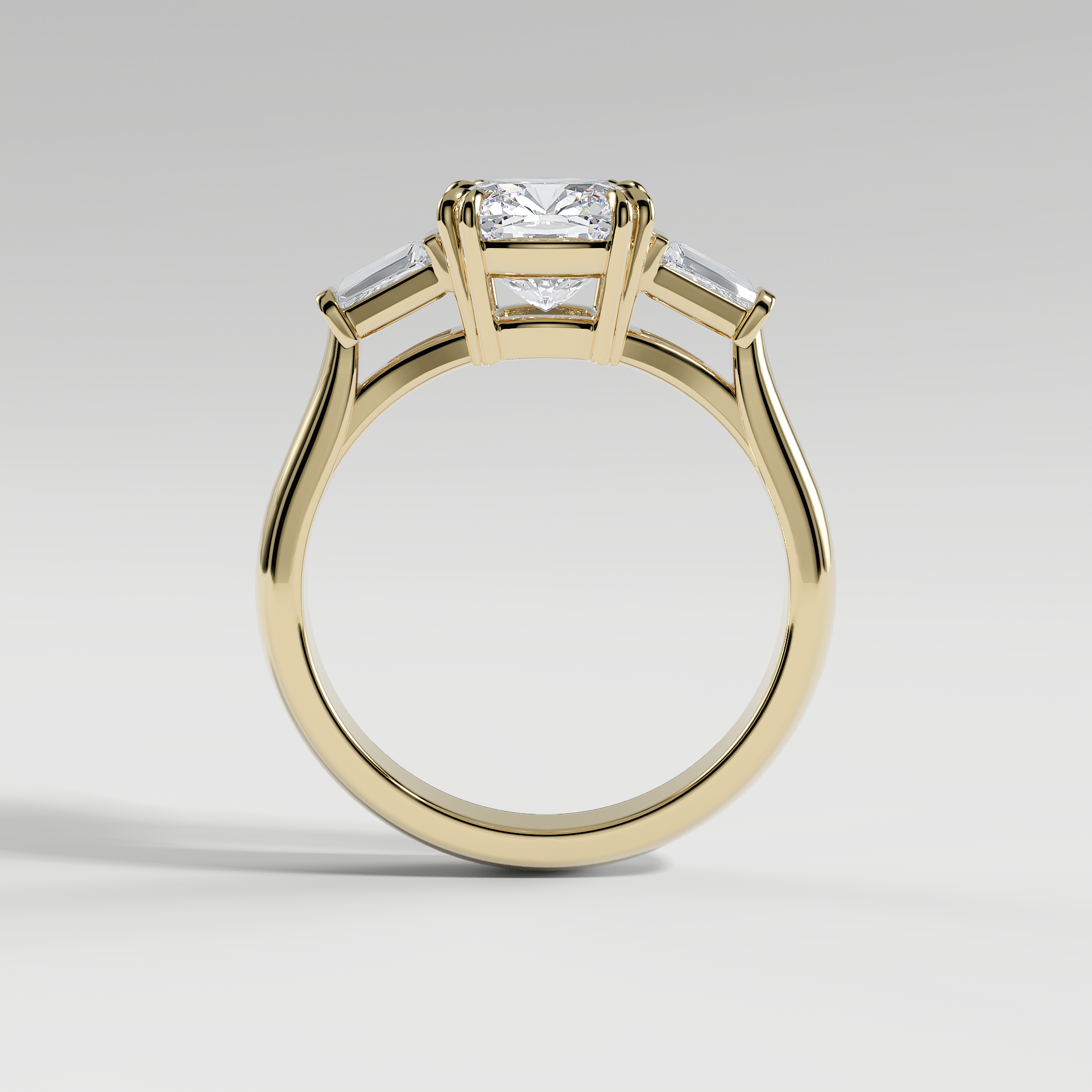 LILY - Cushion Three-Stone Engagement Ring with Tapered Baguette Side Stones and Polished Cathedral Band