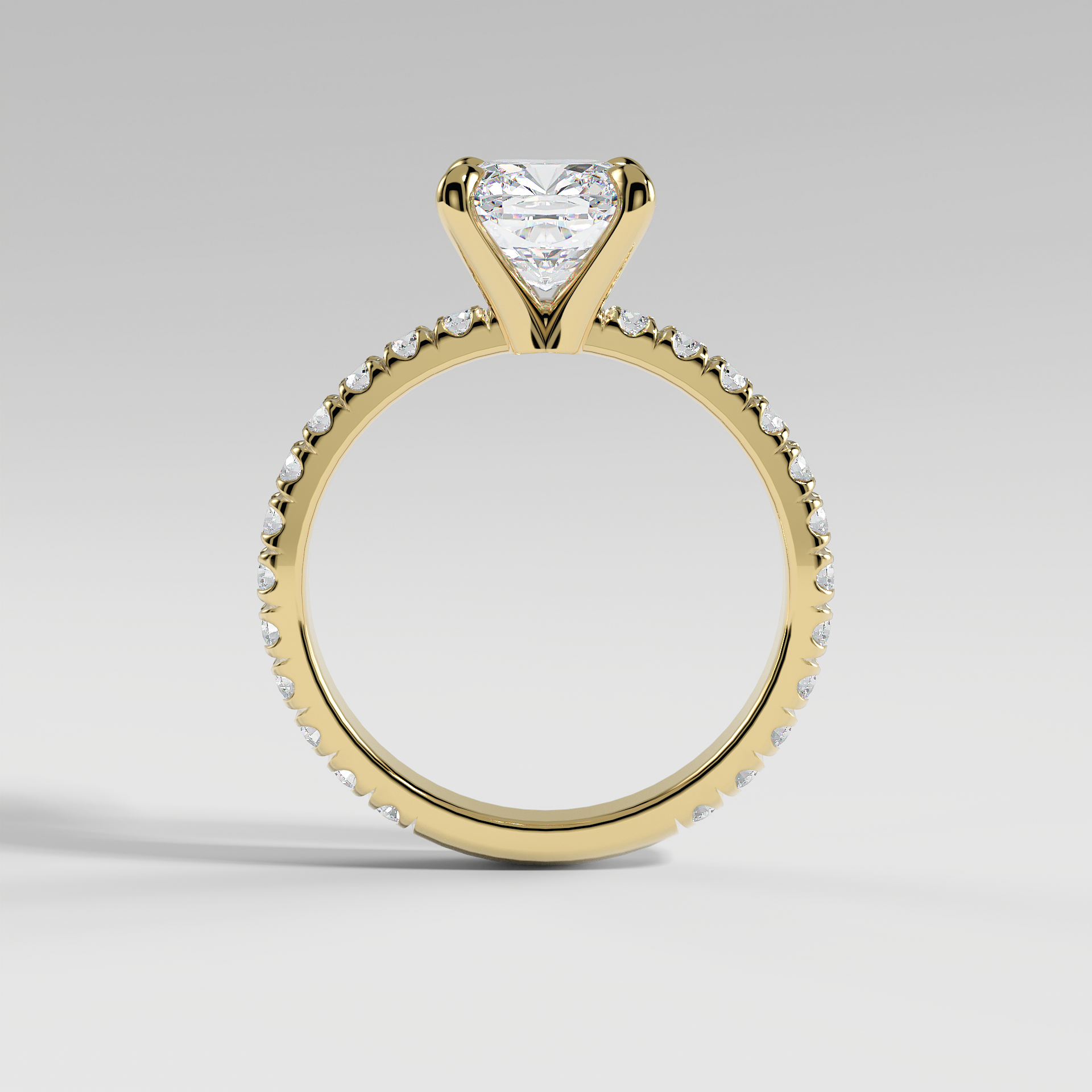 GRACE - Cushion Solitaire Engagement Ring with Pavé Diamond Band and Open Basket Setting