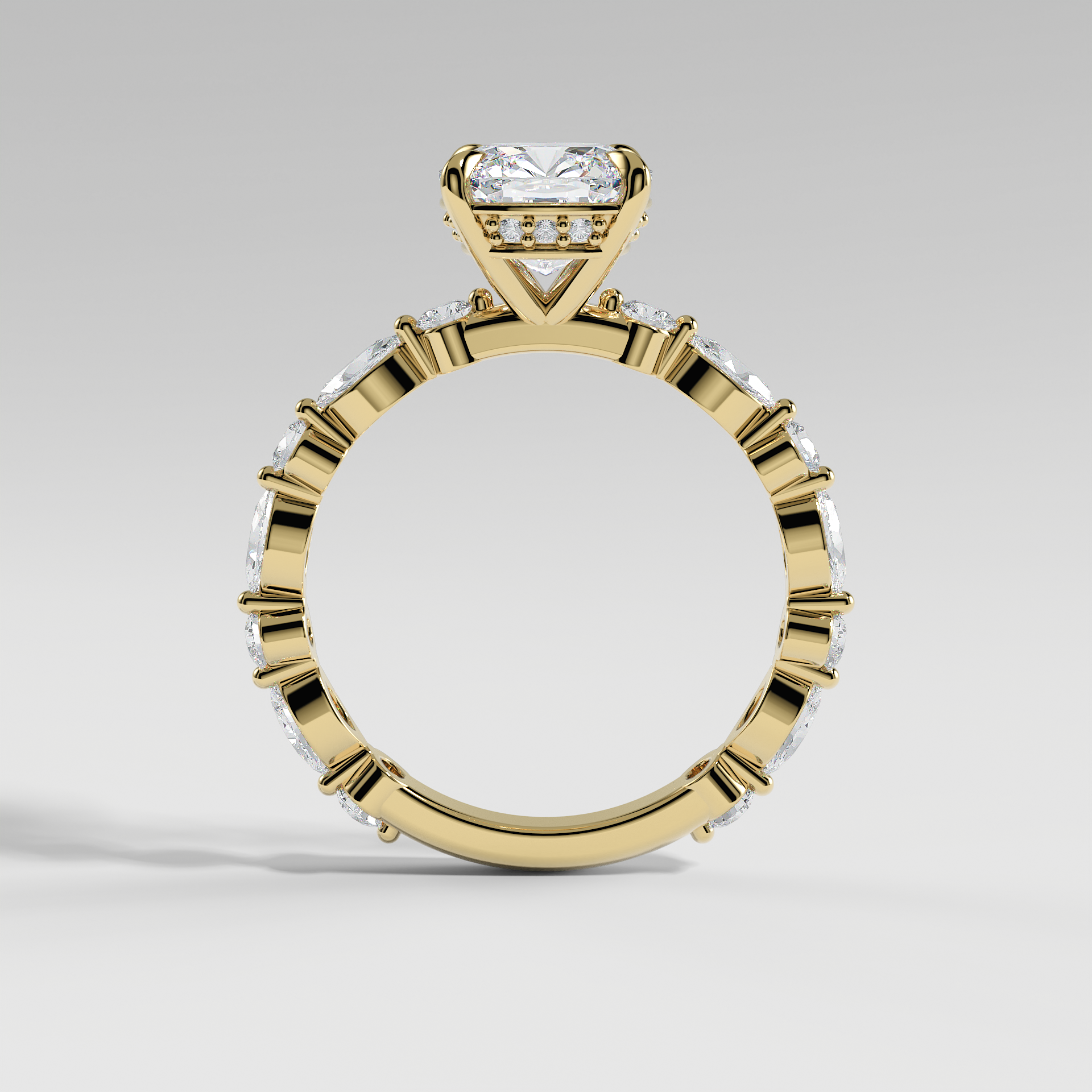 HANNAH - Cushion Solitaire Engagement Ring with Marquise & Round Accent Stones and Hidden Halo