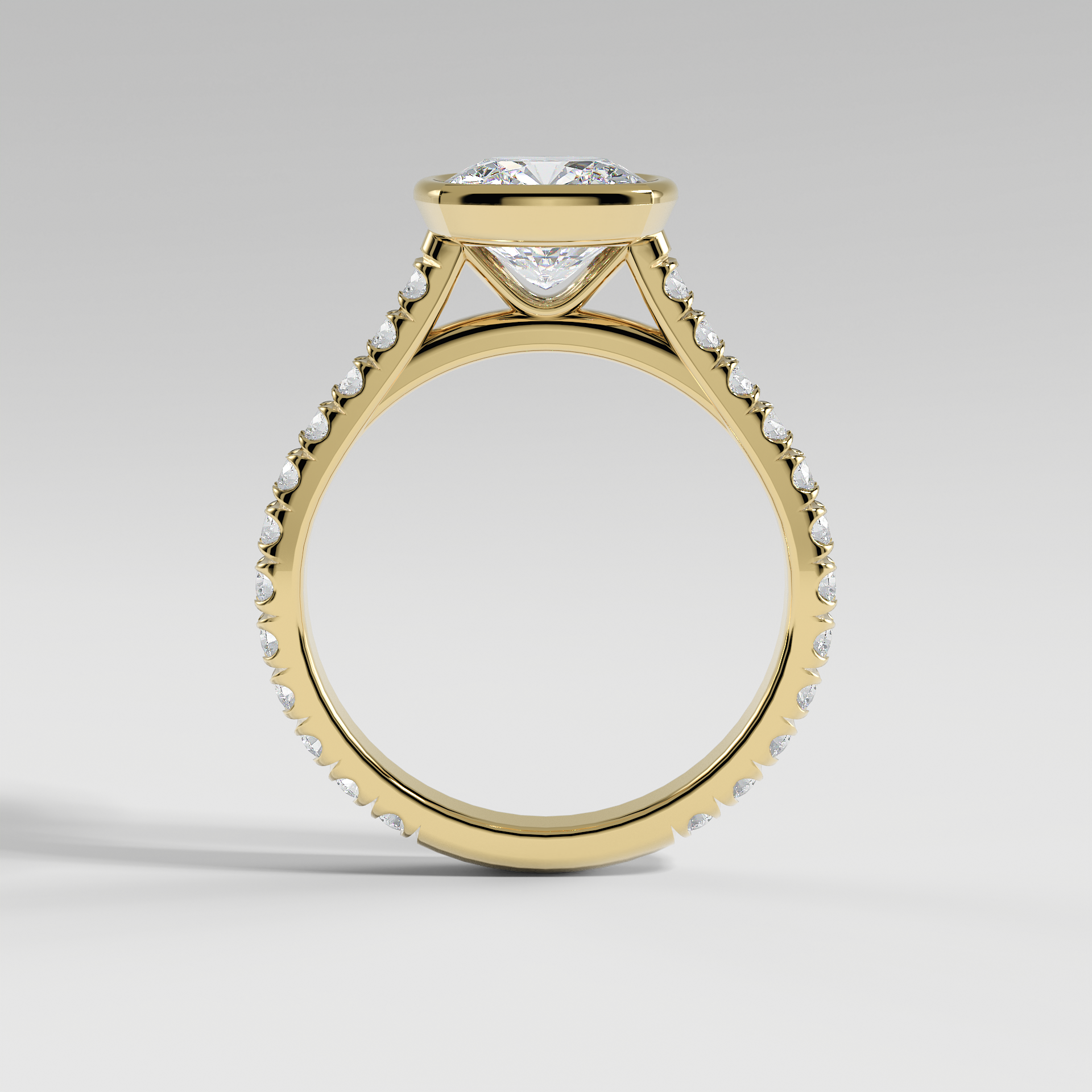 ABIGAIL - Cushion Solitaire Engagement Ring with Pavé Diamond Cathedral Band and Full Bezel Setting