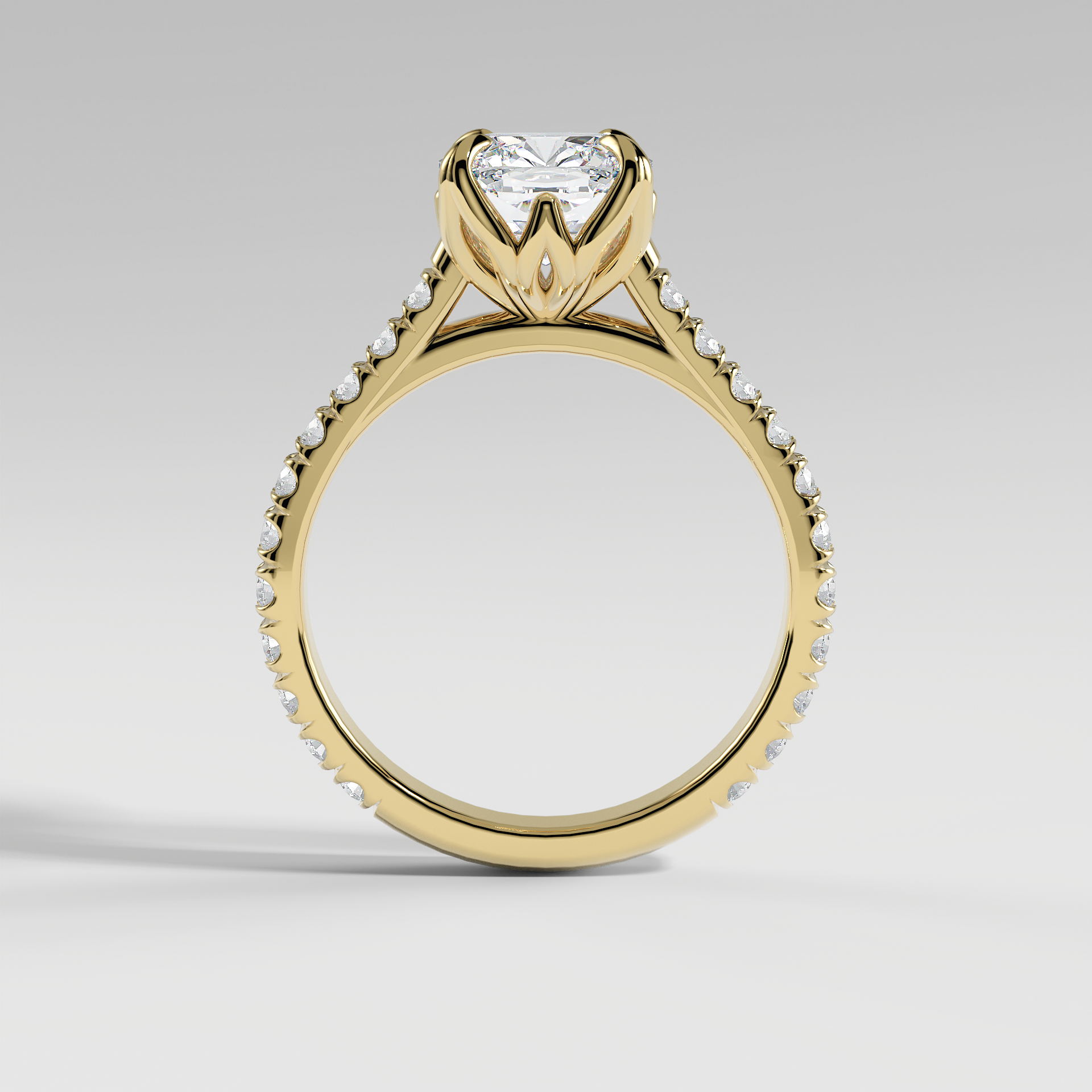 VIOLET - Cushion Solitaire Engagement Ring with Pavé Diamond Cathedral Band and Lotus Basket