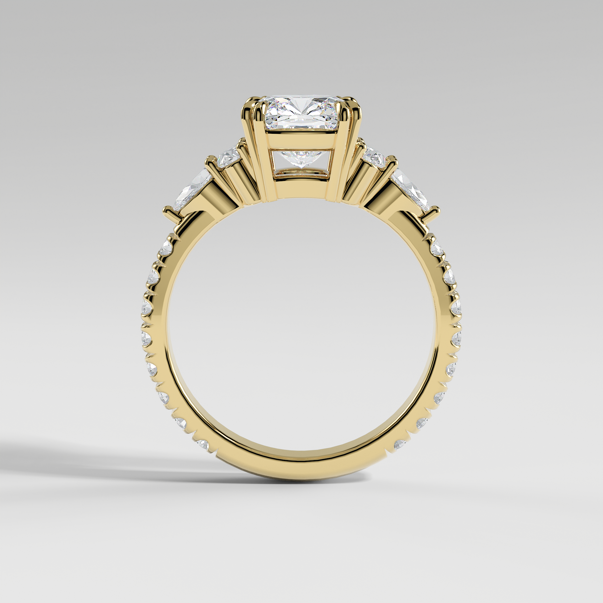 ELEANOR - Cushion Five-Stone Diamond Ring with Oval & Pear Side Stones and Pavé Band