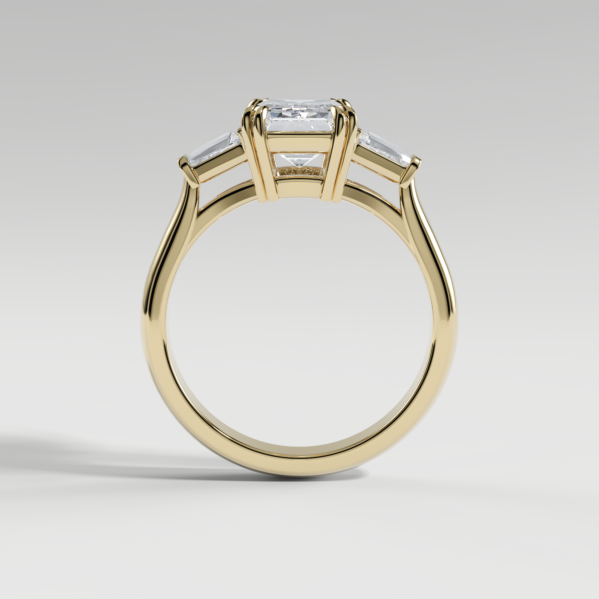 LILY - Emerald Three-Stone Engagement Ring with Tapered Baguette Side Stones and Polished Cathedral Band