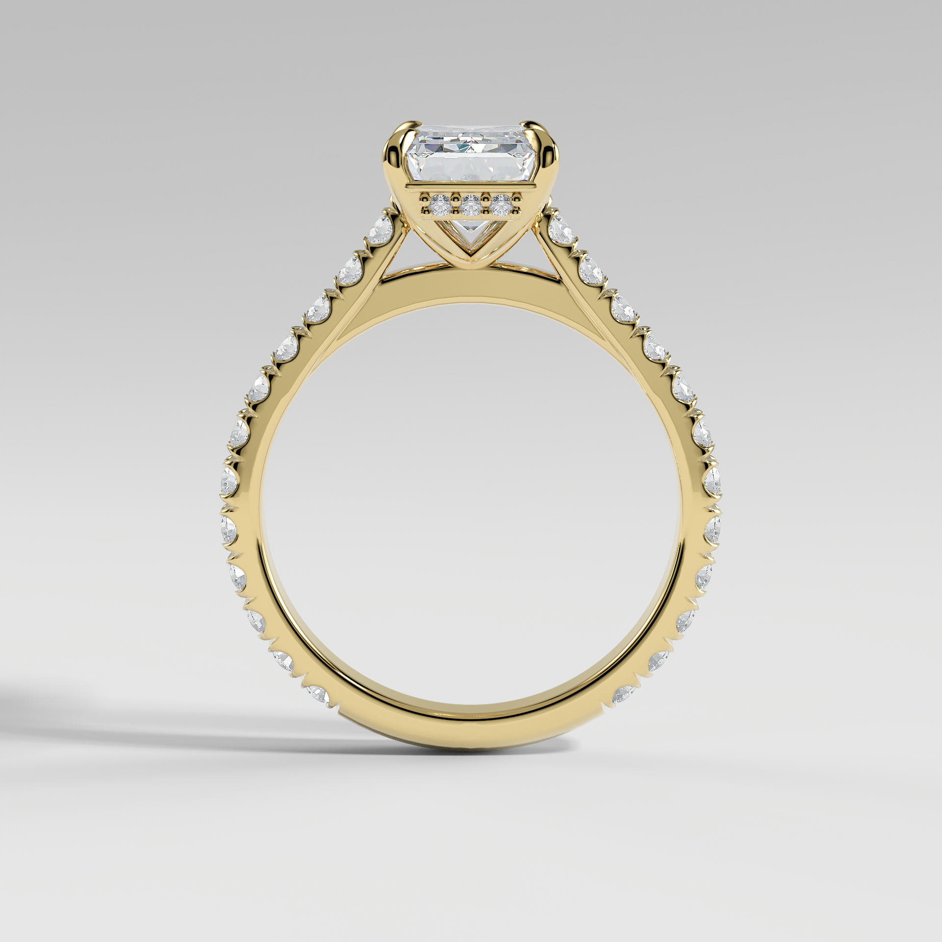 CHARLOTTE - Emerald Solitaire Engagement Ring with Pavé, Cathedral Band, and Hidden Halo