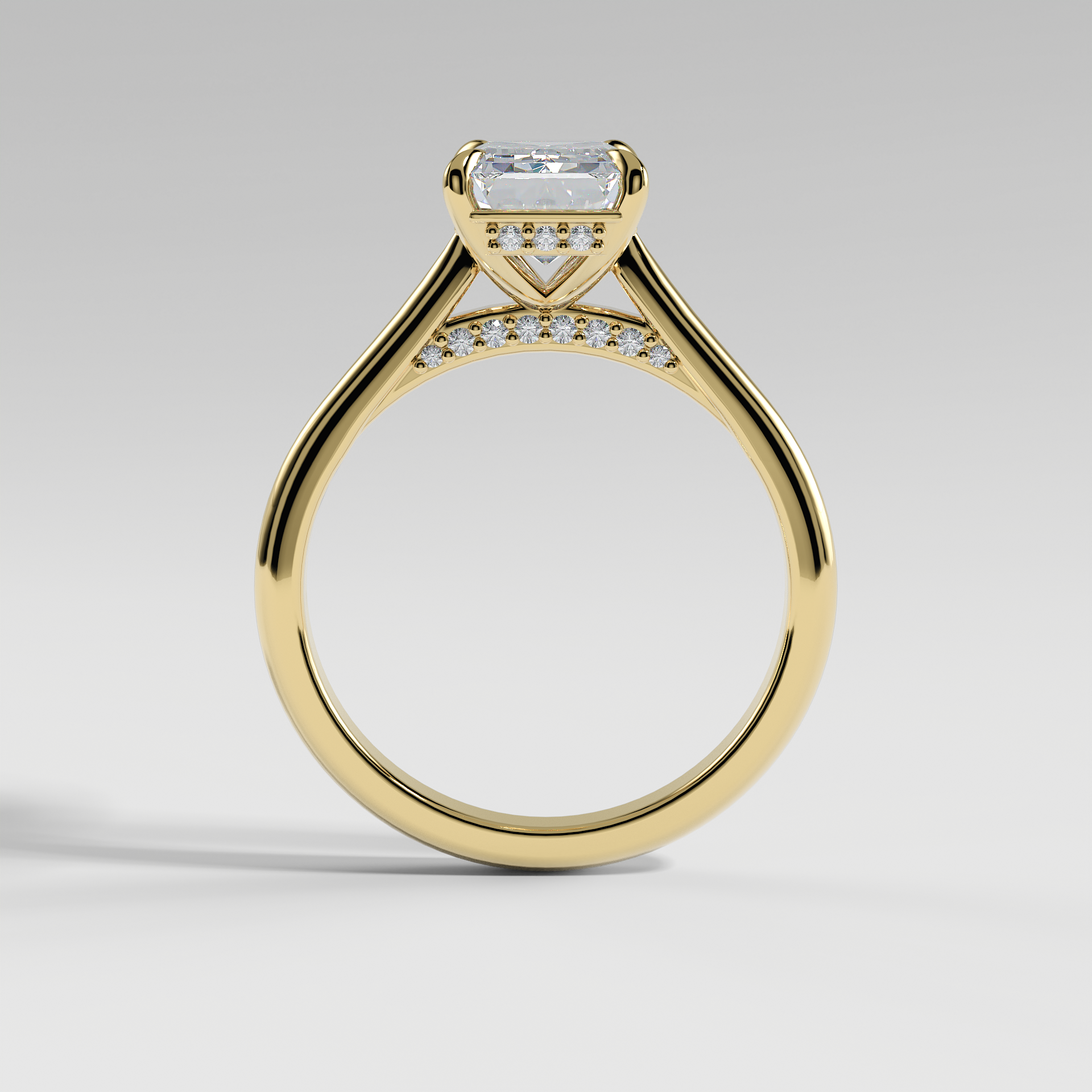 BILLIE - Emerald Solitaire Engagement Ring with Hidden Halo, Polished Cathedral Band, and Pavé Bridge