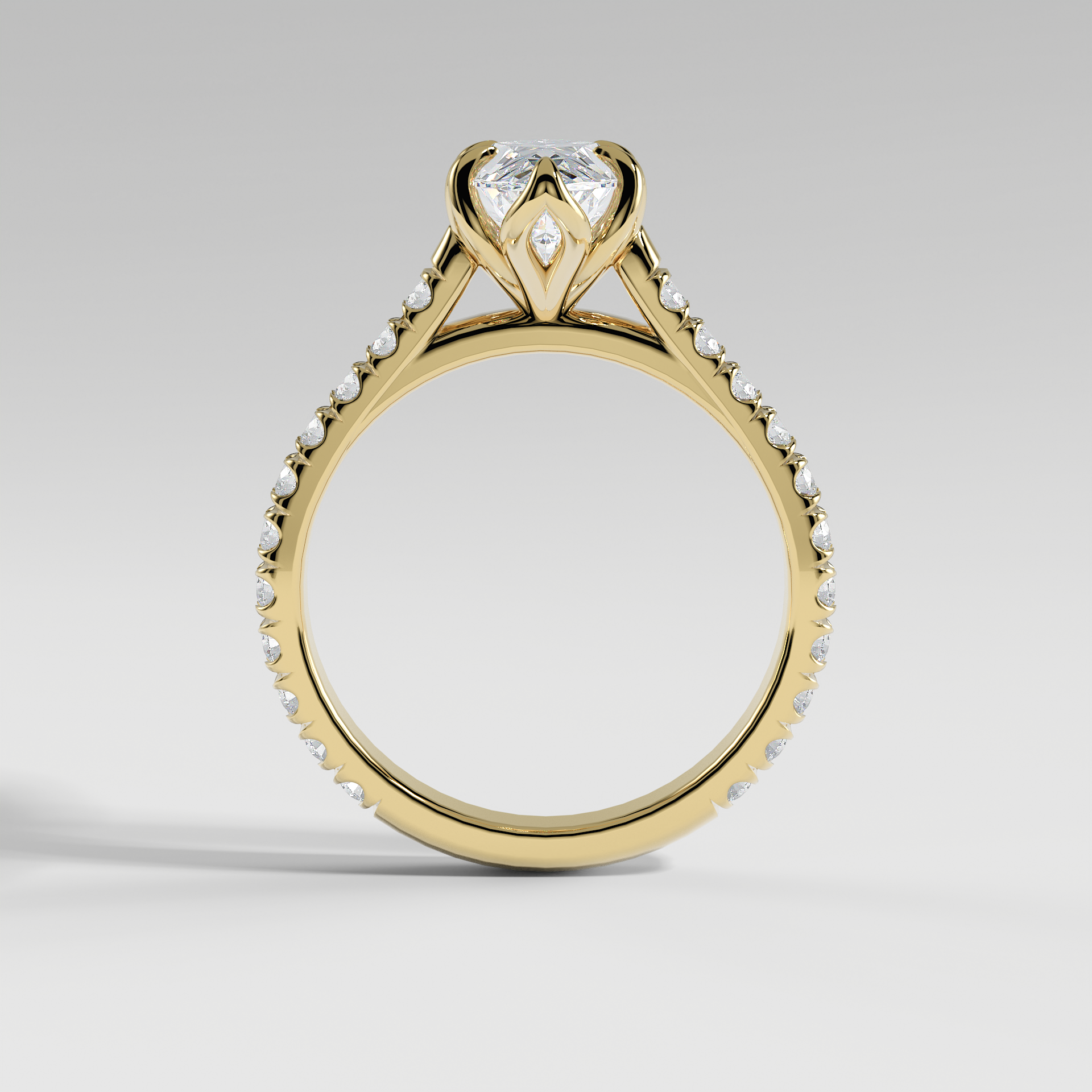 VIOLET - Marquise Solitaire Engagement Ring with Pavé Diamond Cathedral Band and Lotus Basket
