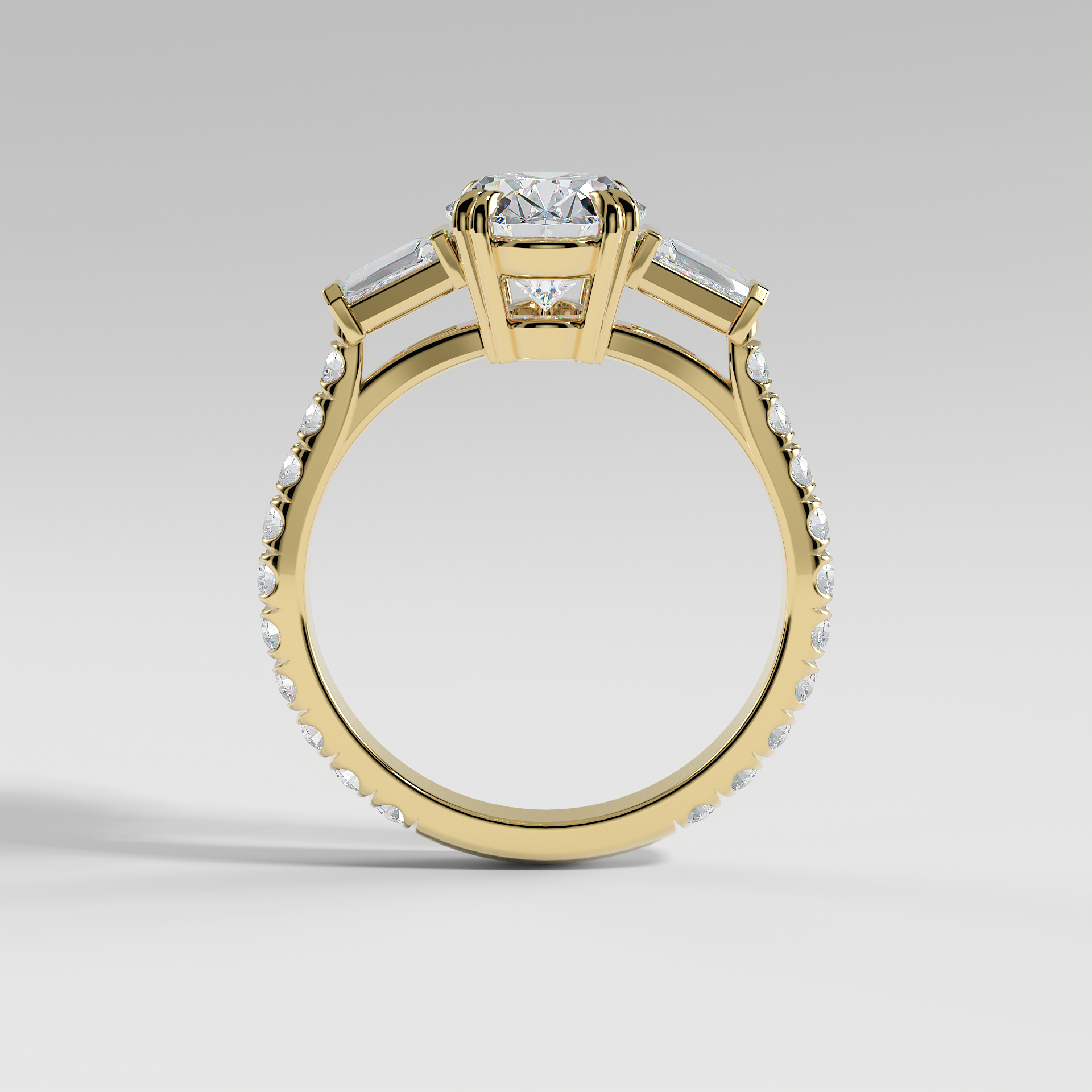 IVY - Oval Three-Stone Engagement Ring with Tapered Baguette Side Stones and Pavé Cathedral Band