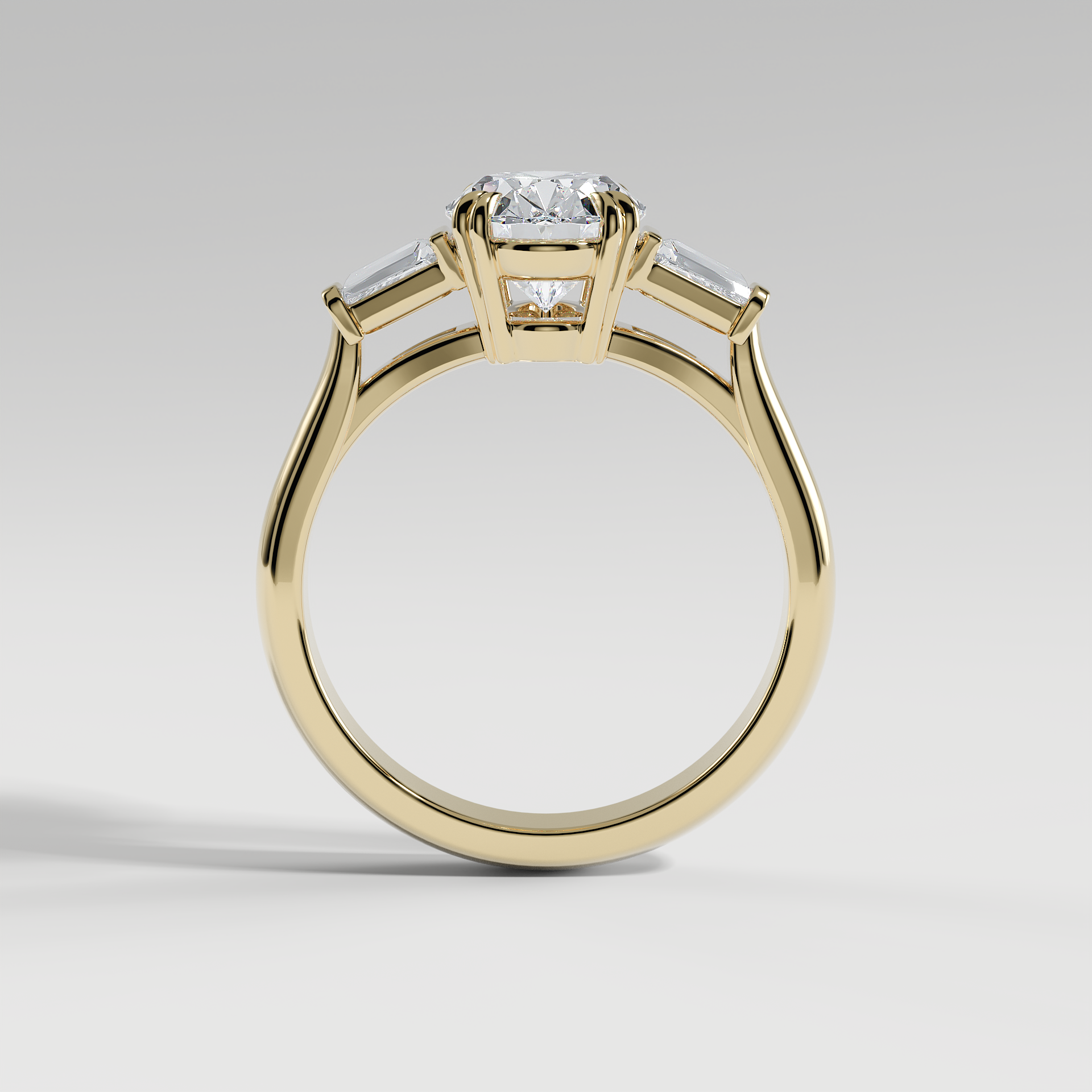 LILY - Oval Three-Stone Engagement Ring with Tapered Baguette Side Stones and Polished Cathedral Band