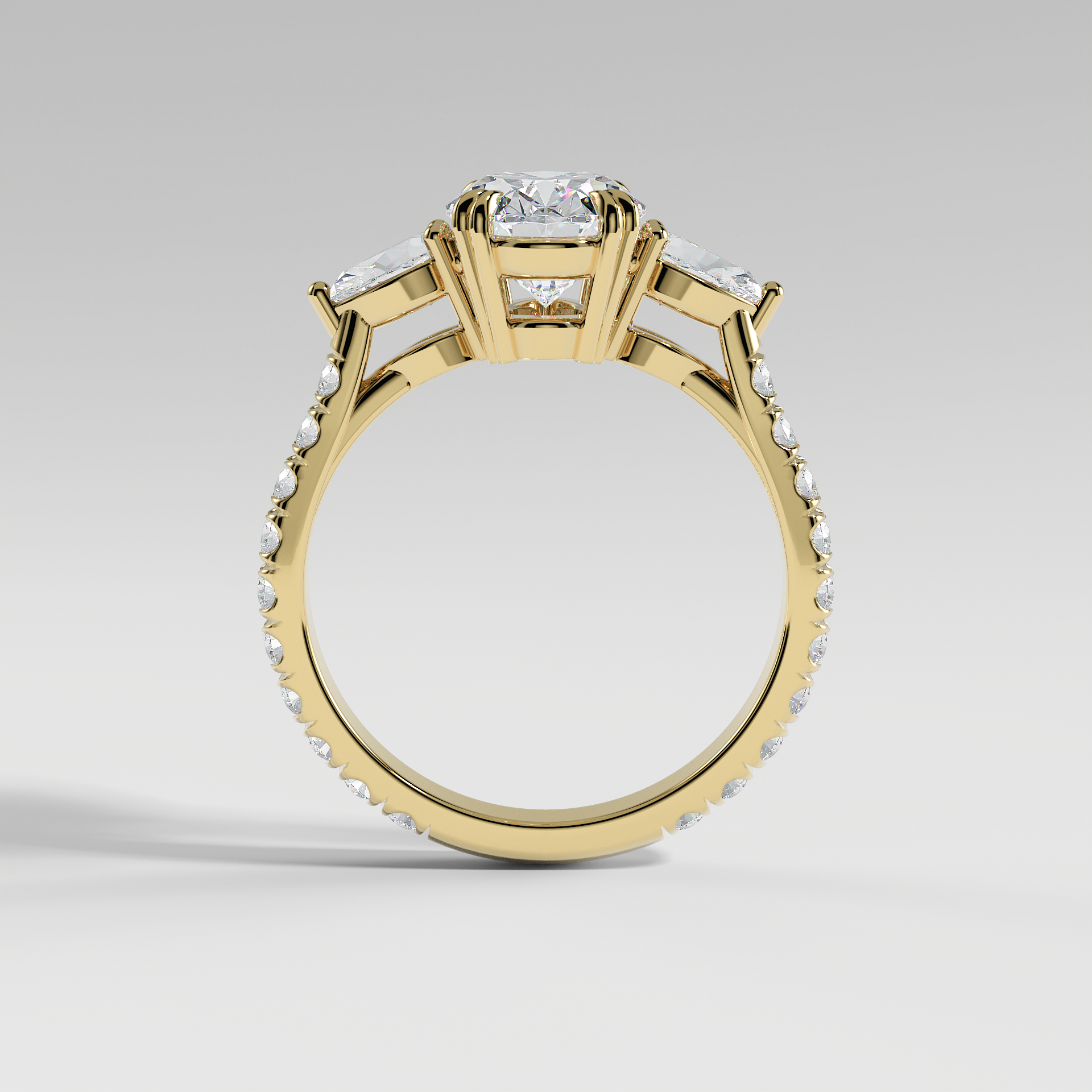 ISLA - Oval Three-Stone Engagement Ring with Pear Side Stones and Pavé Cathedral Band