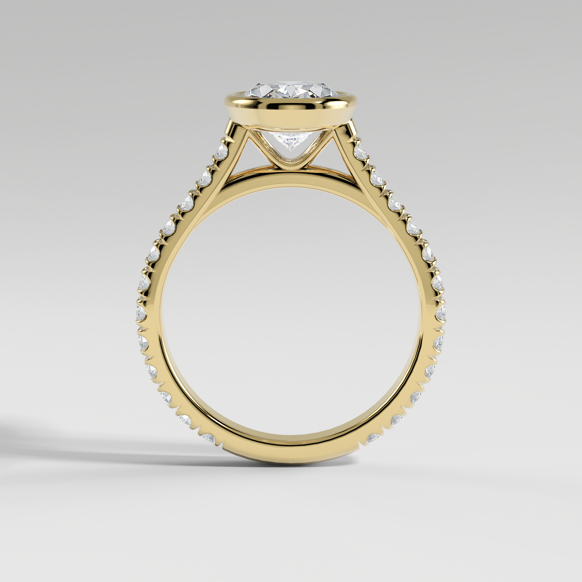 ABIGAIL - Oval Solitaire Engagement Ring with Pavé Diamond Cathedral Band and Full Bezel Setting