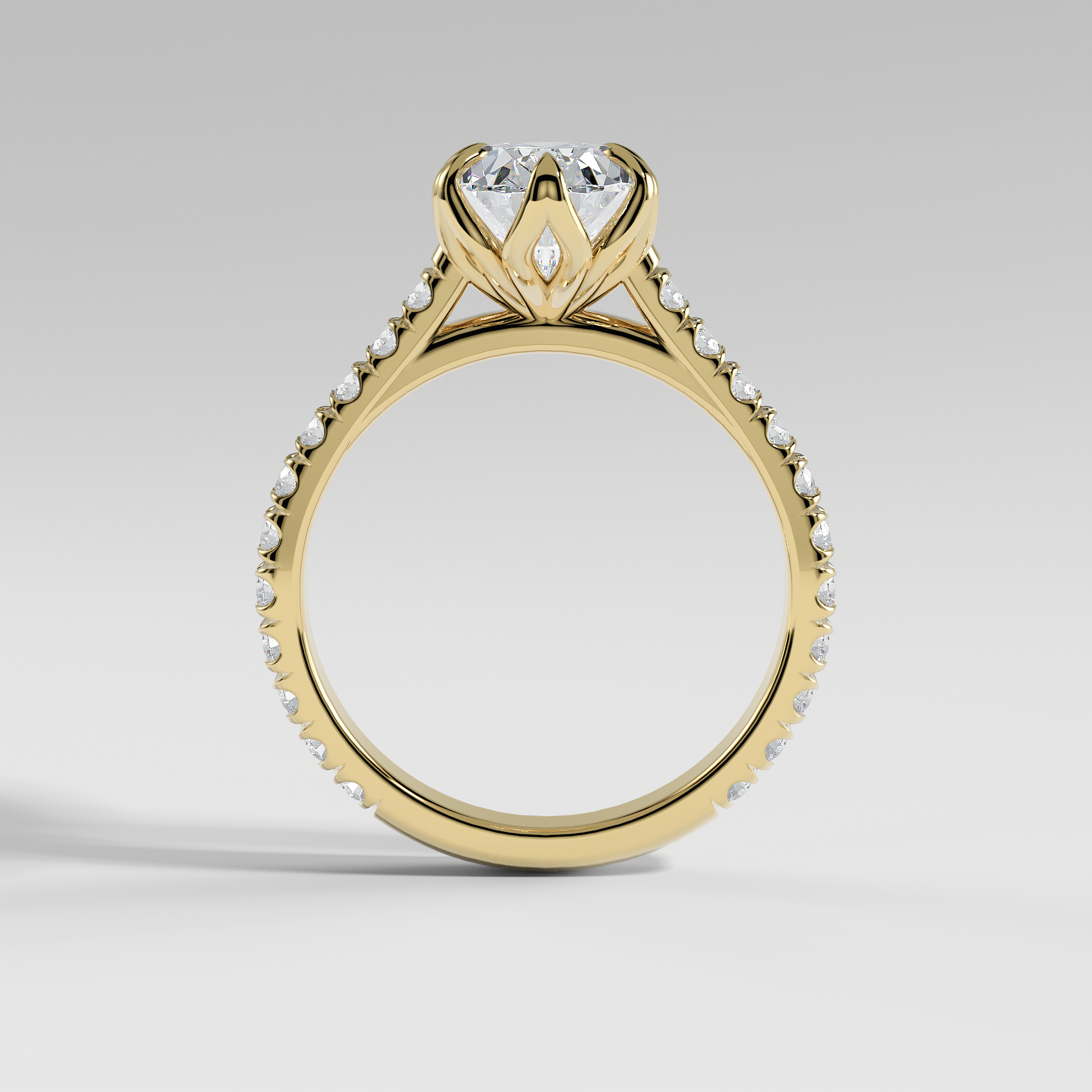VIOLET - Oval Solitaire Engagement Ring with Pavé Diamond Cathedral Band and Lotus Basket