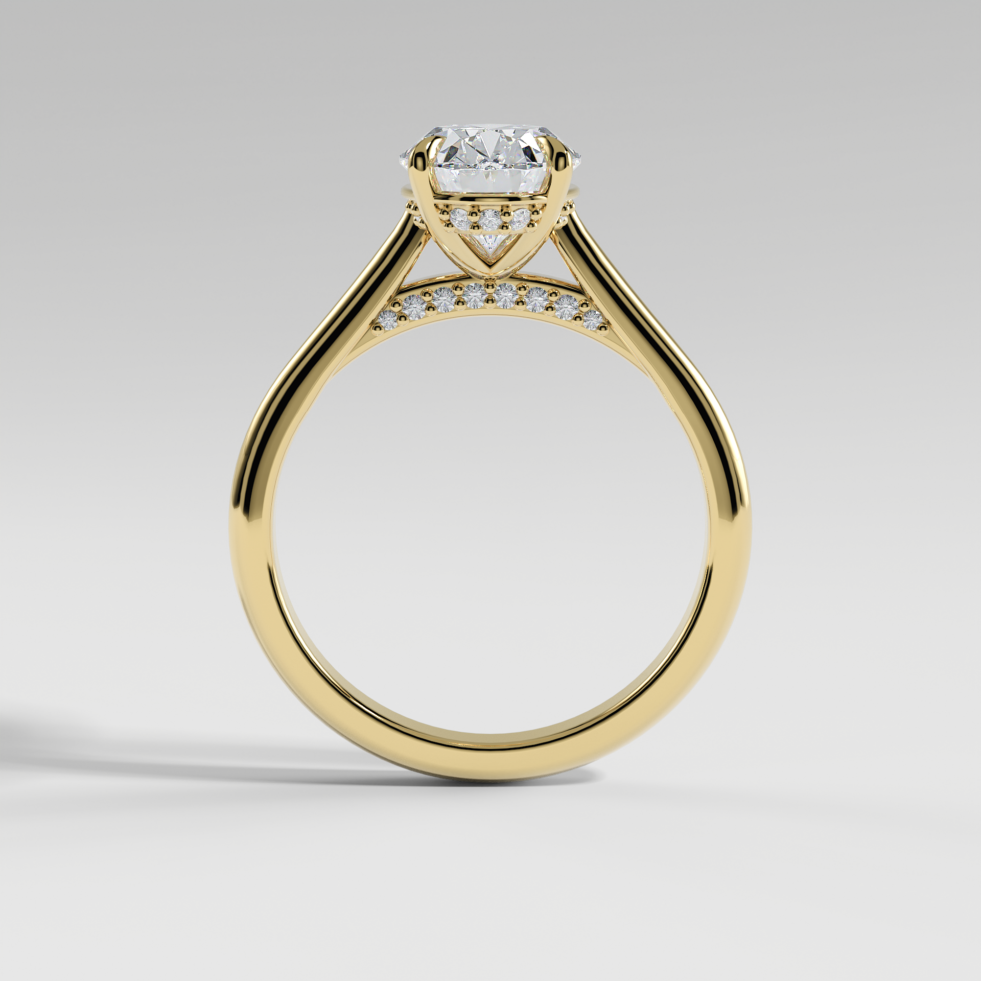 BILLIE - Oval Solitaire Engagement Ring with Hidden Halo, Polished Cathedral Band, and Pavé Bridge