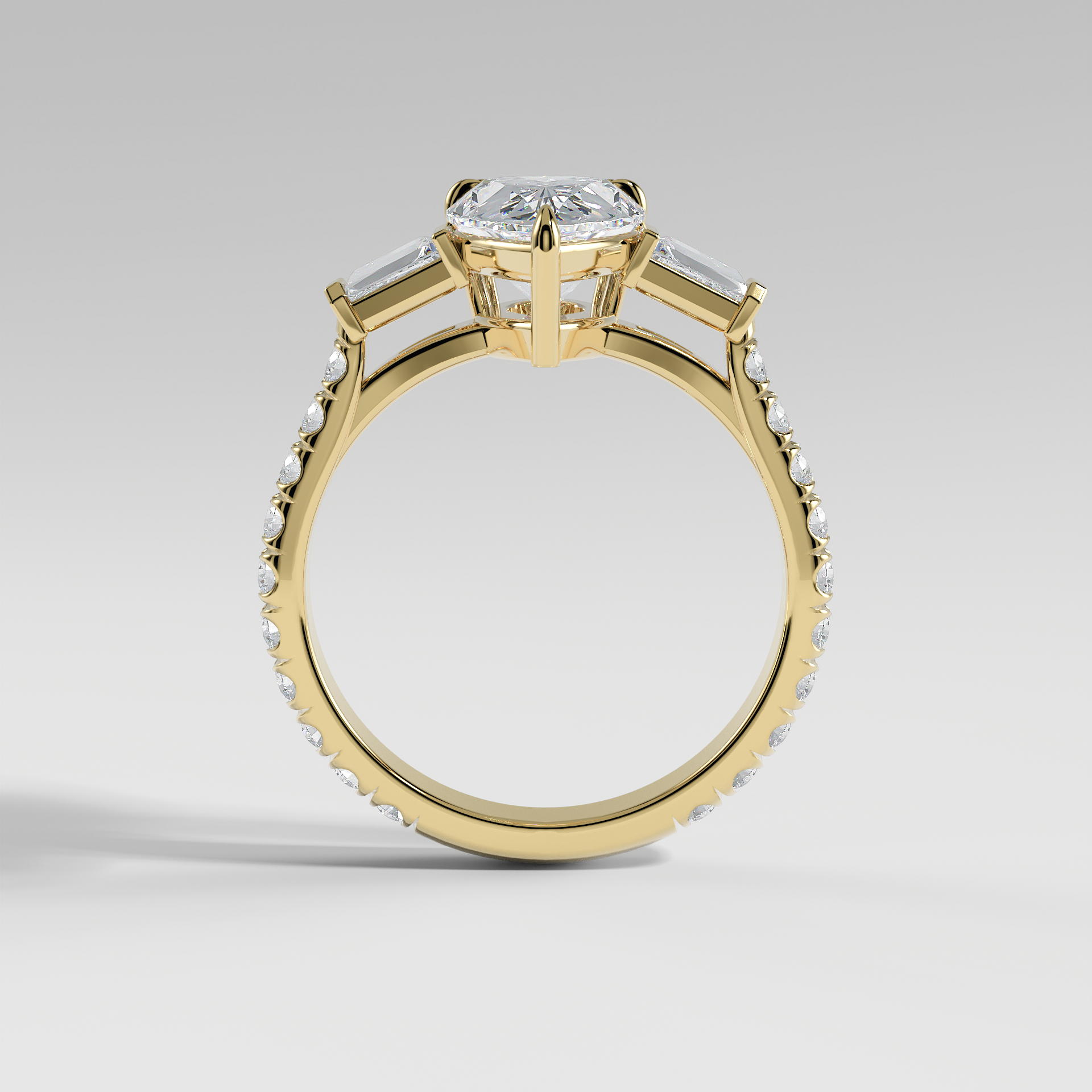 IVY - Pear Three-Stone Engagement Ring with Tapered Baguette Side Stones and Pavé Cathedral Band