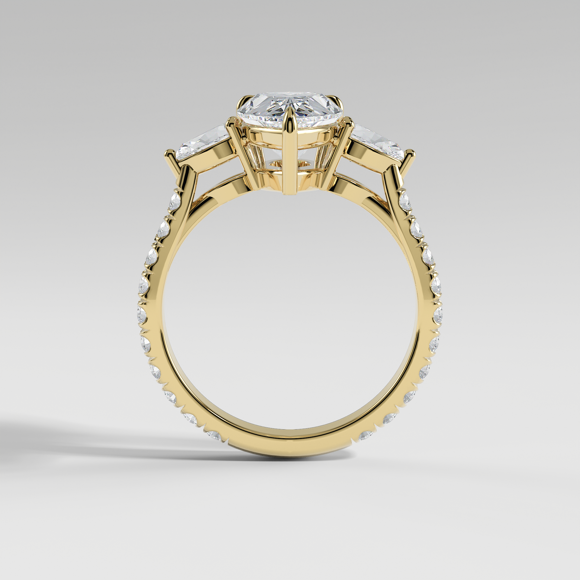 ISLA - Pear Three-Stone Engagement Ring with Pear Side Stones and Pavé Cathedral Band