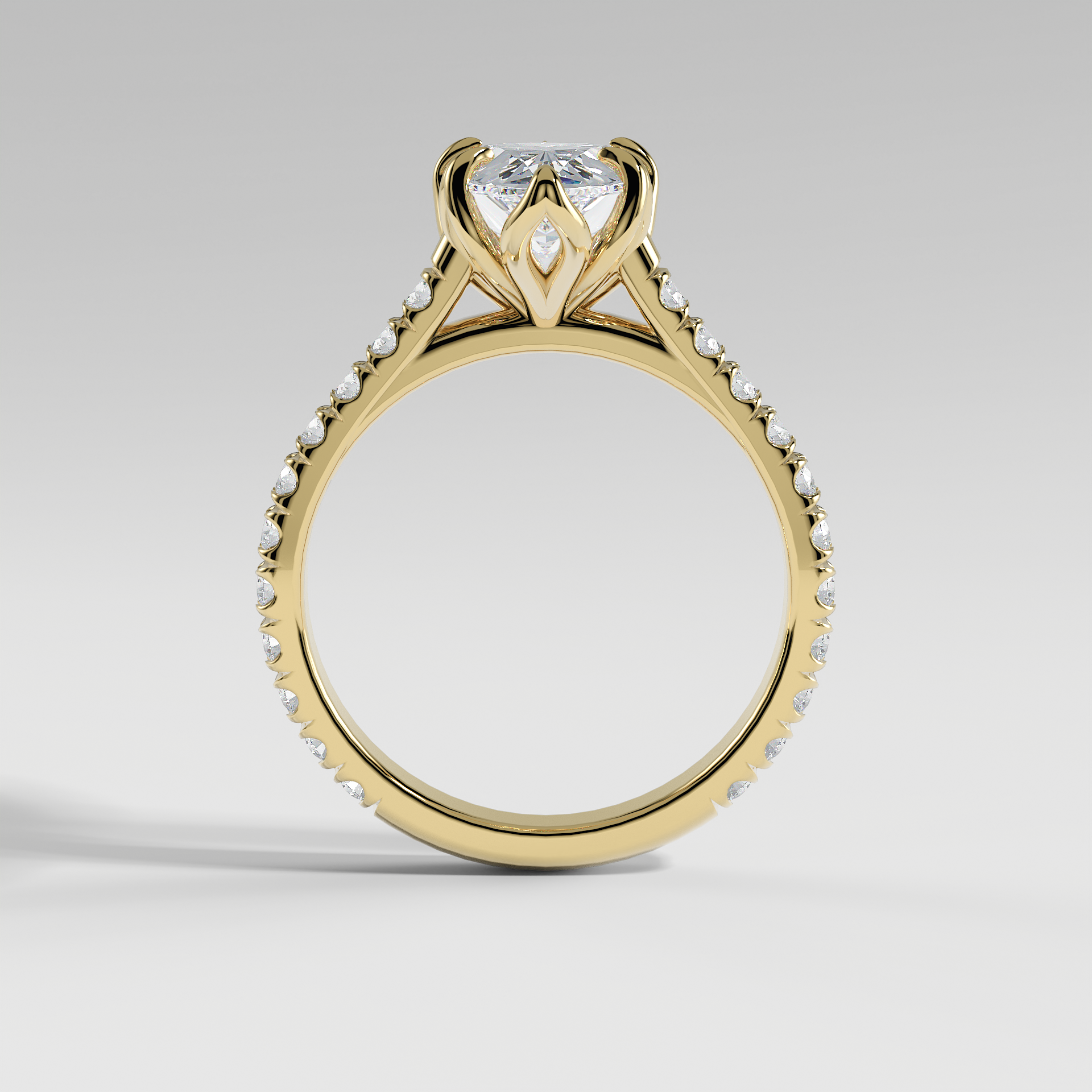 VIOLET - Pear Solitaire Engagement Ring with Pavé Diamond Cathedral Band and Lotus Basket