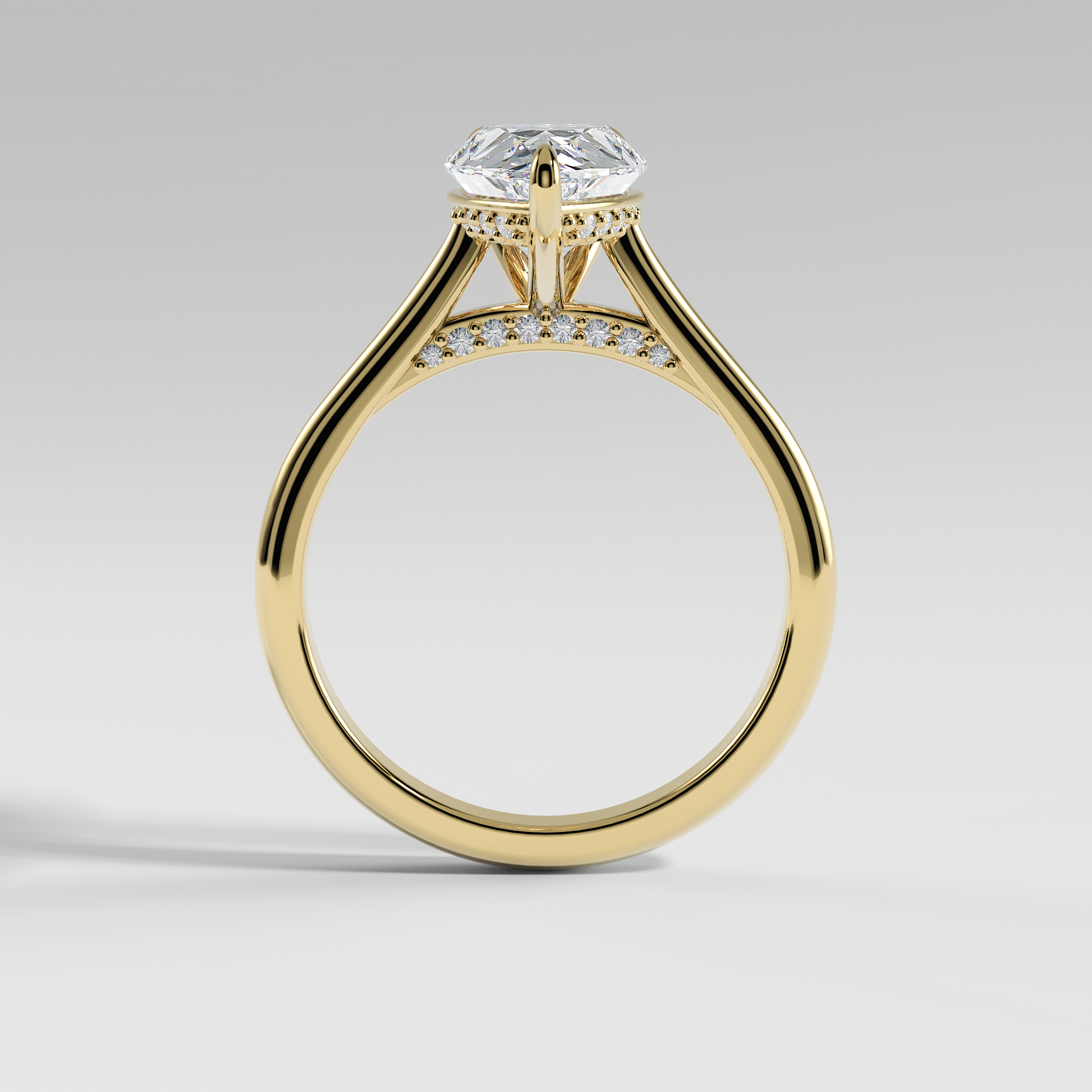 BILLIE - Pear Solitaire Engagement Ring with Hidden Halo, Polished Cathedral Band, and Pavé Bridge
