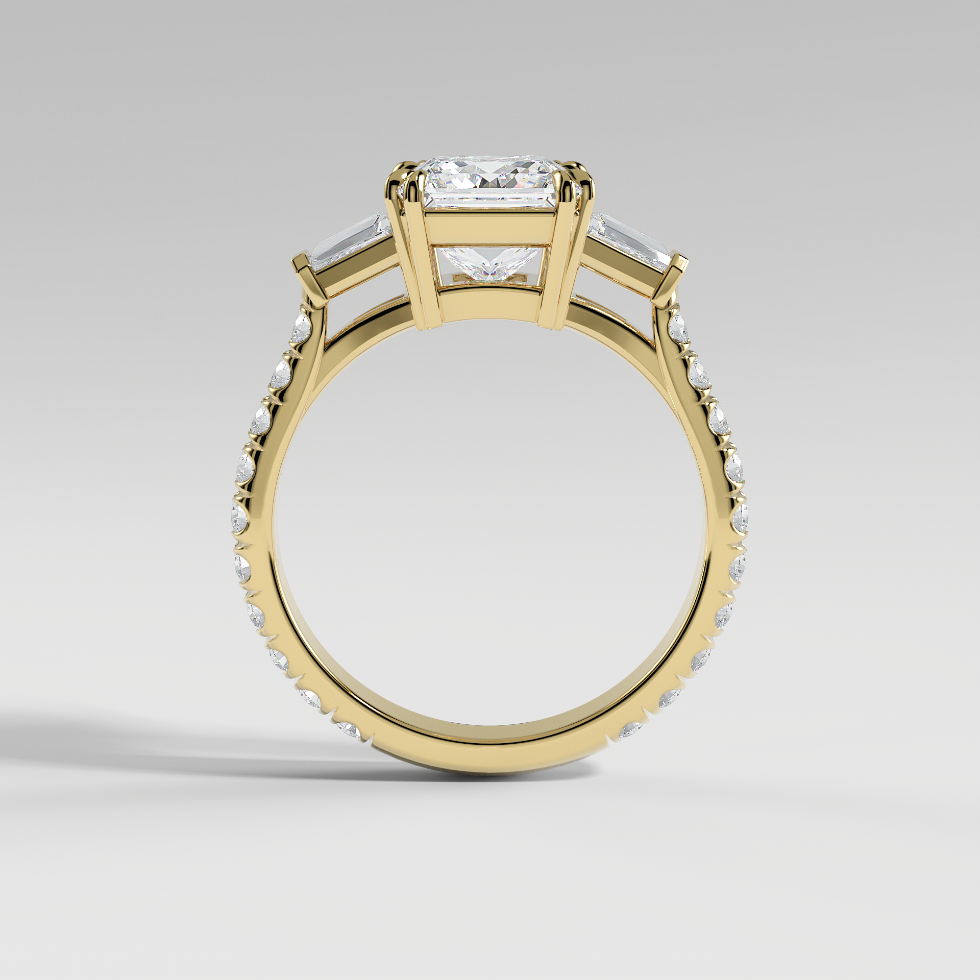 IVY - Princess Three-Stone Engagement Ring with Tapered Baguette Side Stones and Pavé Cathedral Band