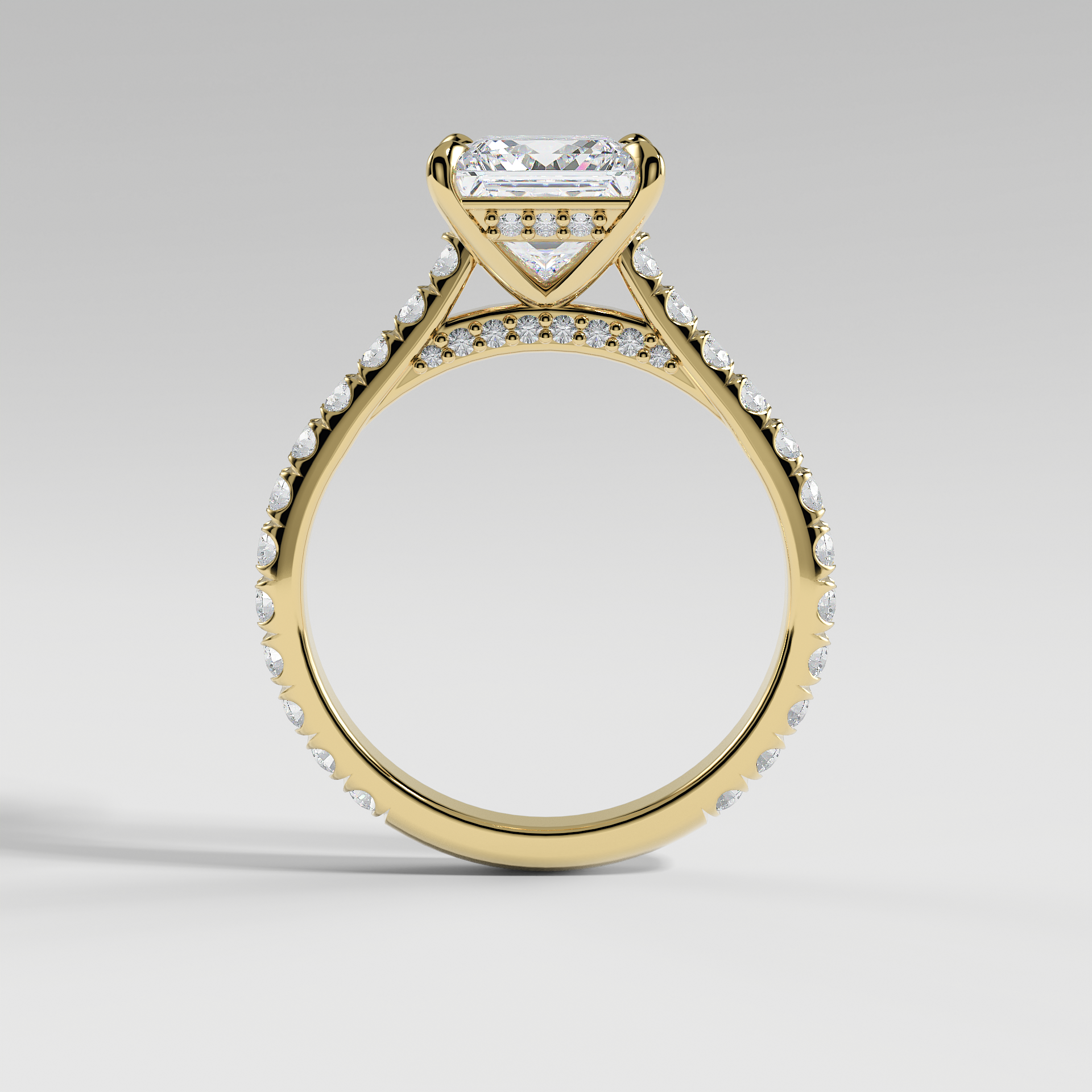 LUCY - Princess Solitaire Engagement Ring with Pavé, Cathedral Band, Hidden Halo, and Pavé Bridge