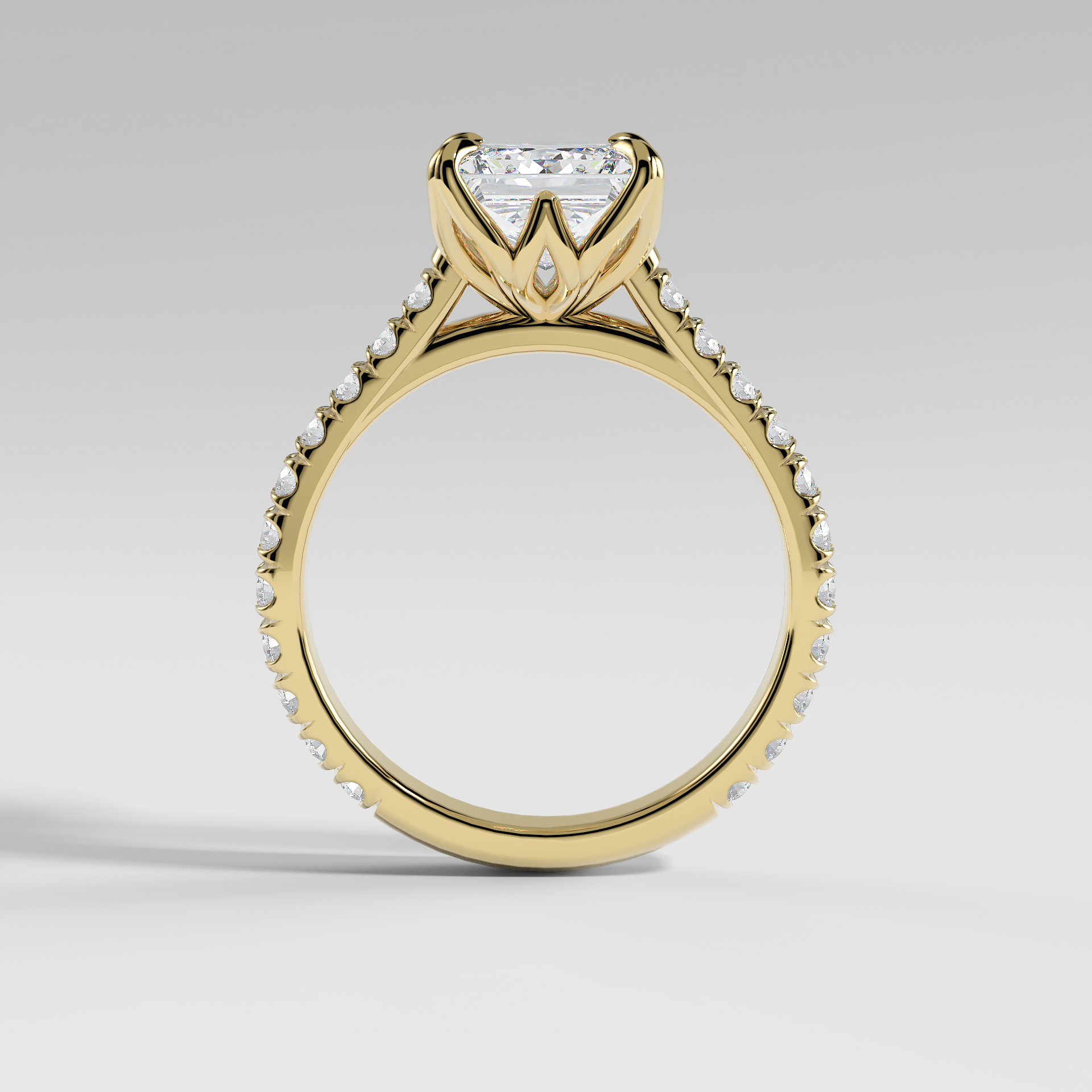 VIOLET - Princess Solitaire Engagement Ring with Pavé Diamond Cathedral Band and Lotus Basket