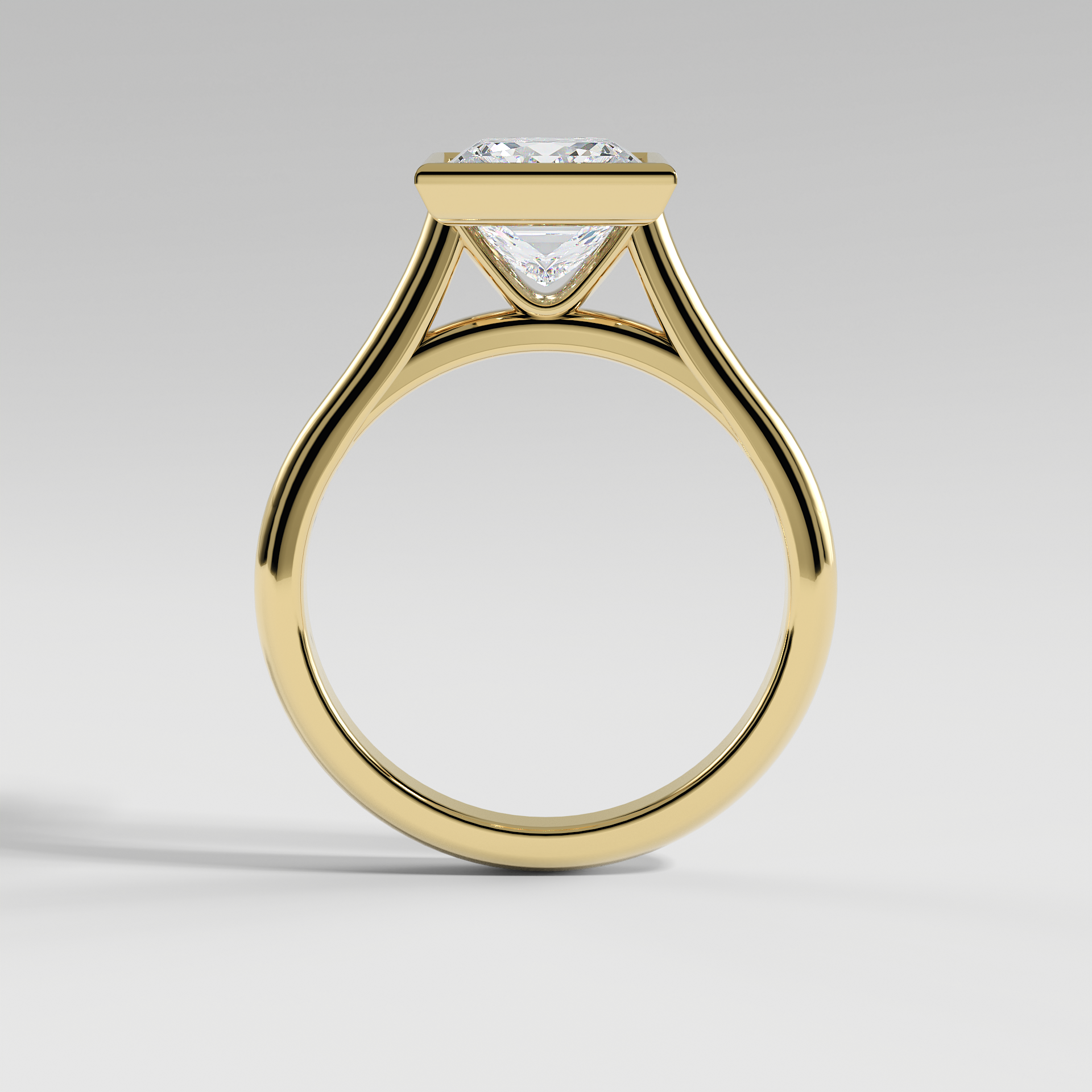 SCARLETT - Princess Solitaire Engagement Ring with Full Bezel Setting and Polished Cathedral Band