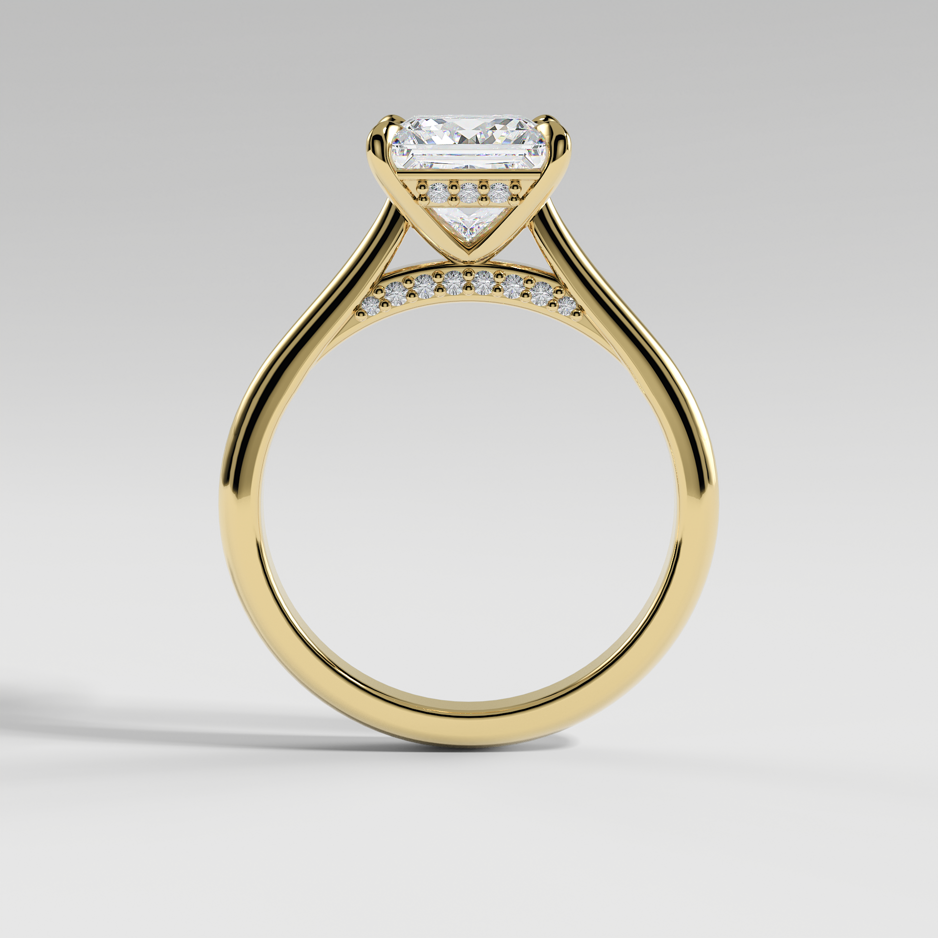 BILLIE - Princess Solitaire Engagement Ring with Hidden Halo, Polished Cathedral Band, and Pavé Bridge