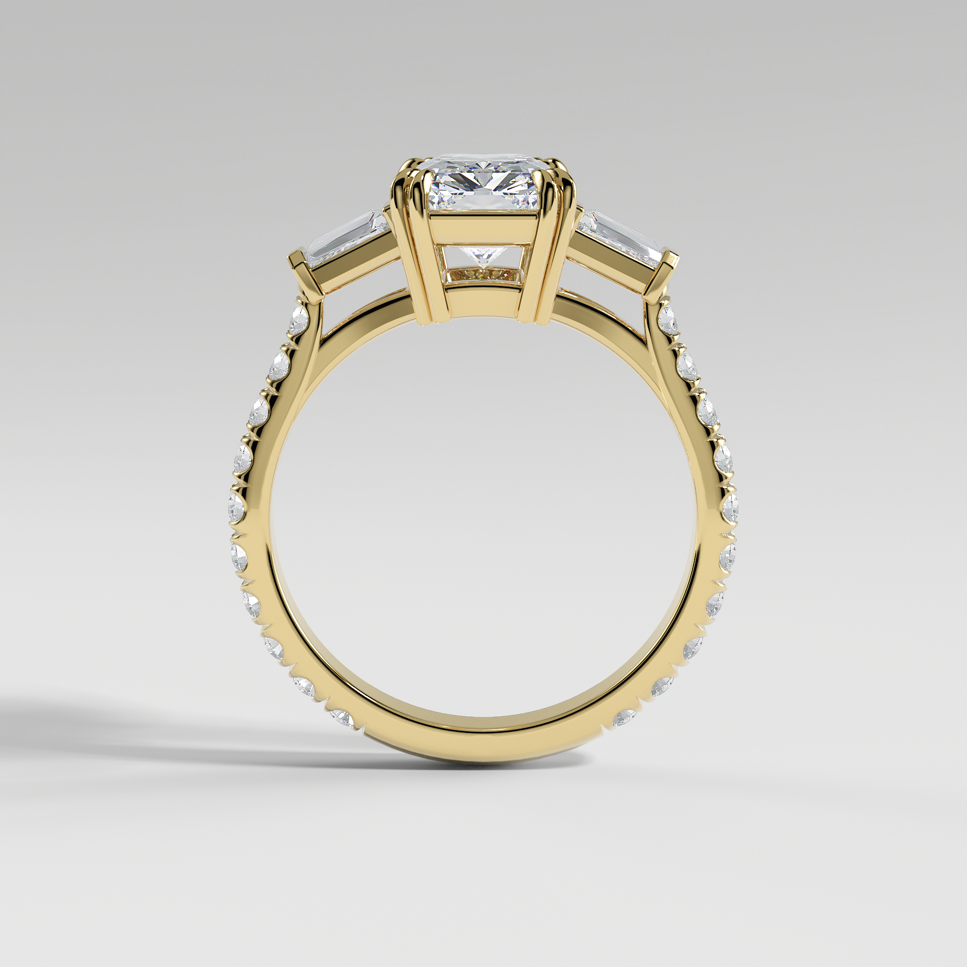 IVY - Radiant Three-Stone Engagement Ring with Tapered Baguette Side Stones and Pavé Cathedral Band