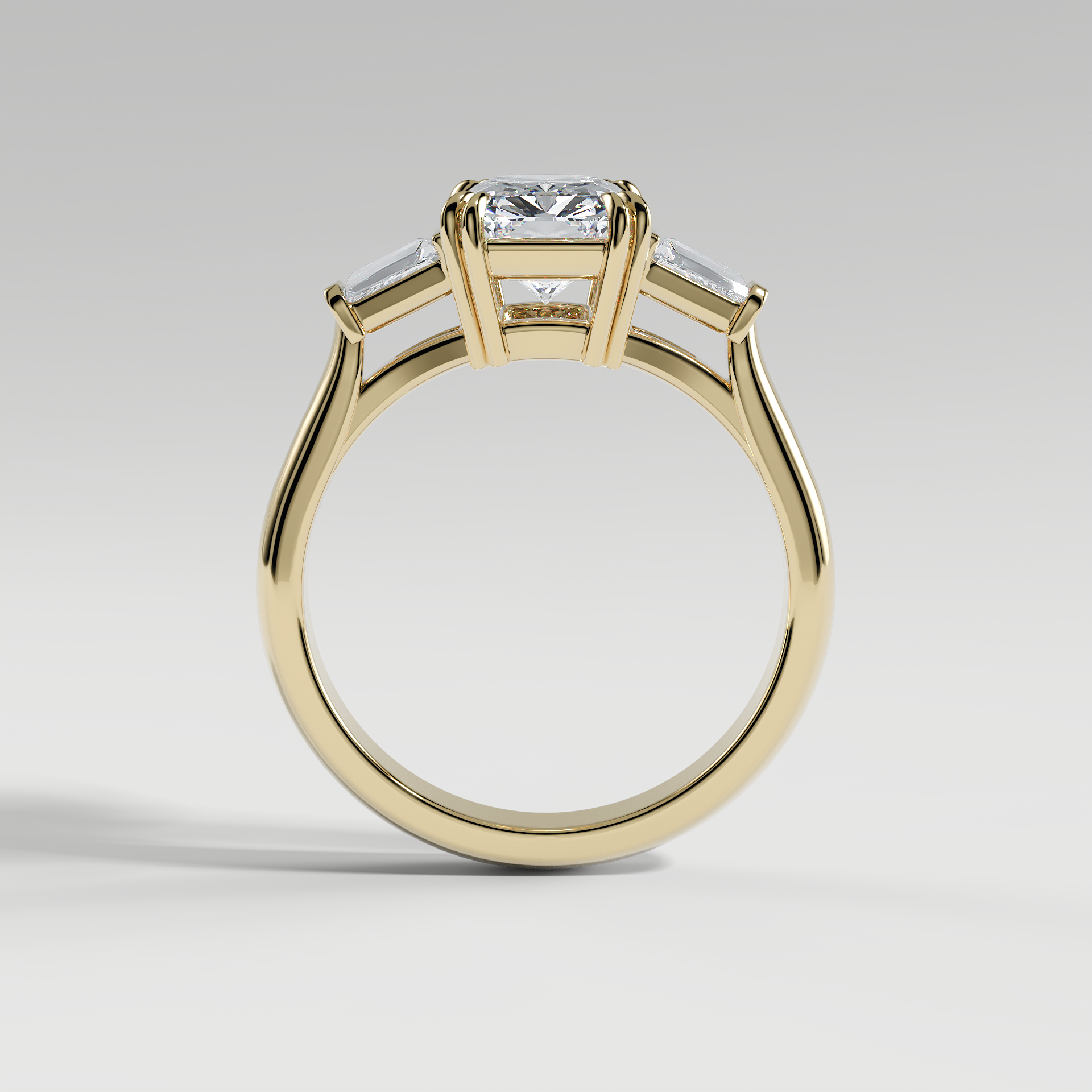LILY - Radiant Three-Stone Engagement Ring with Tapered Baguette Side Stones and Polished Cathedral Band