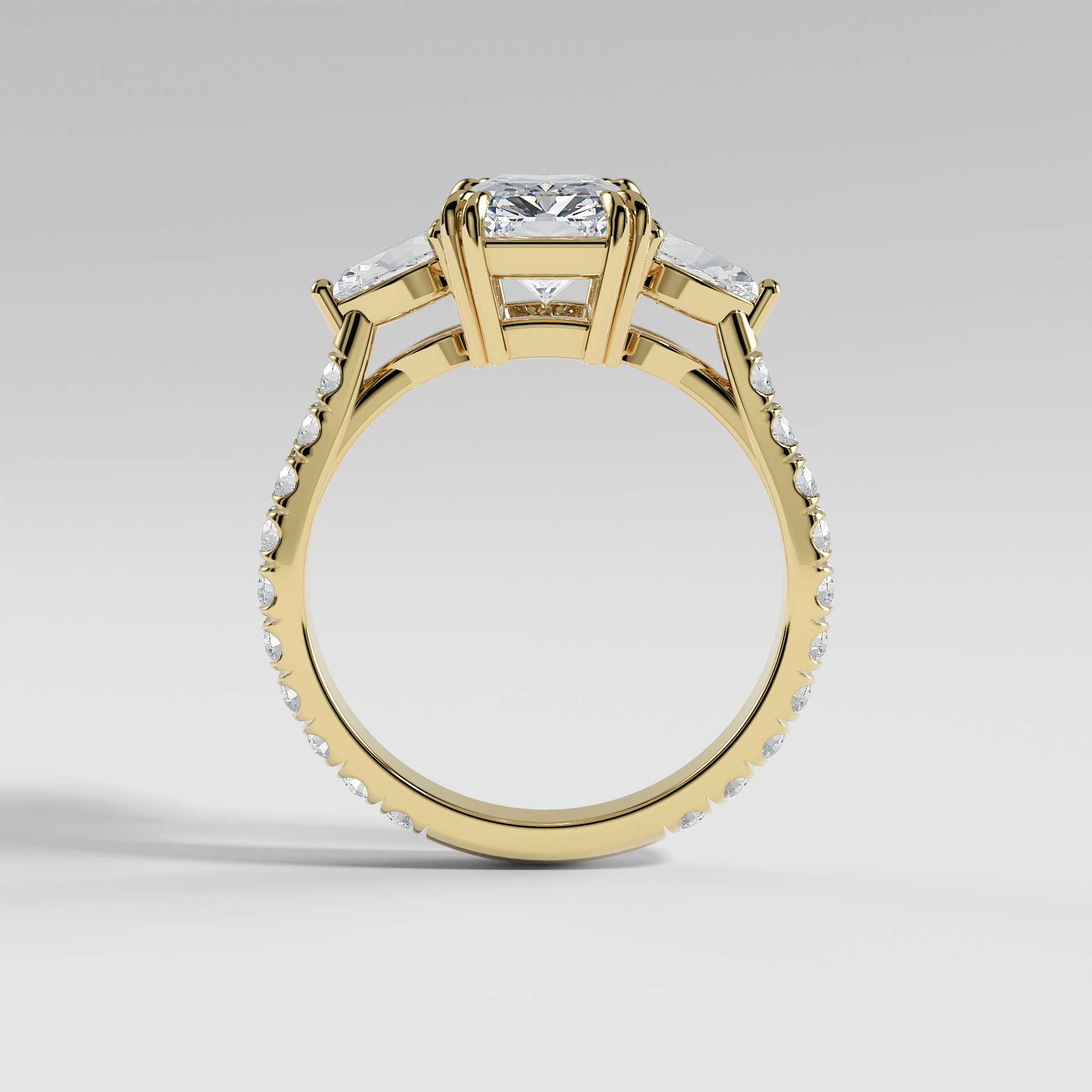 ISLA - Radiant Three-Stone Engagement Ring with Pear Side Stones and Pavé Cathedral Band