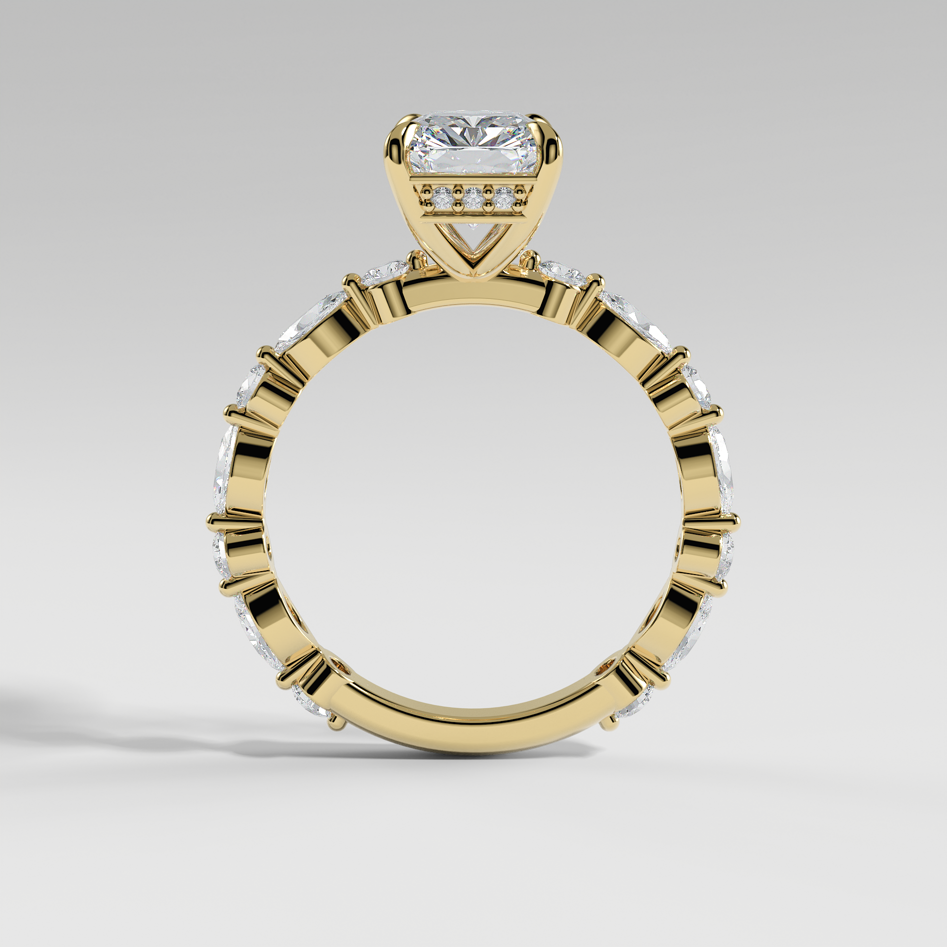 HANNAH - Radiant Solitaire Engagement Ring with Marquise & Round Accent Stones and Hidden Halo