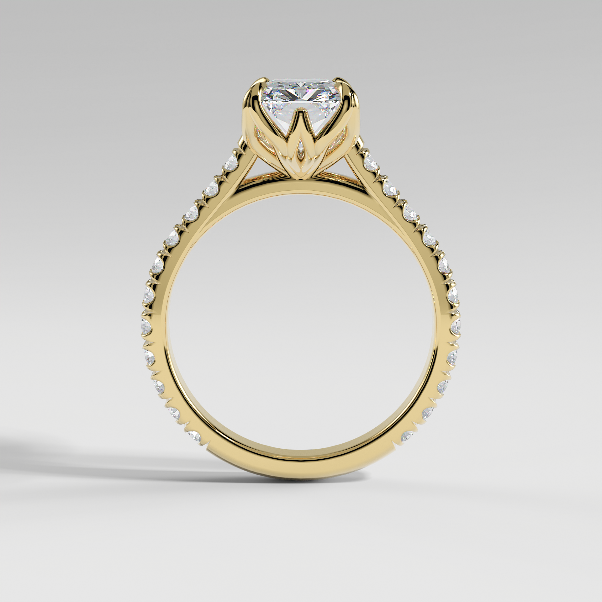 VIOLET - Radiant Solitaire Engagement Ring with Pavé Diamond Cathedral Band and Lotus Basket