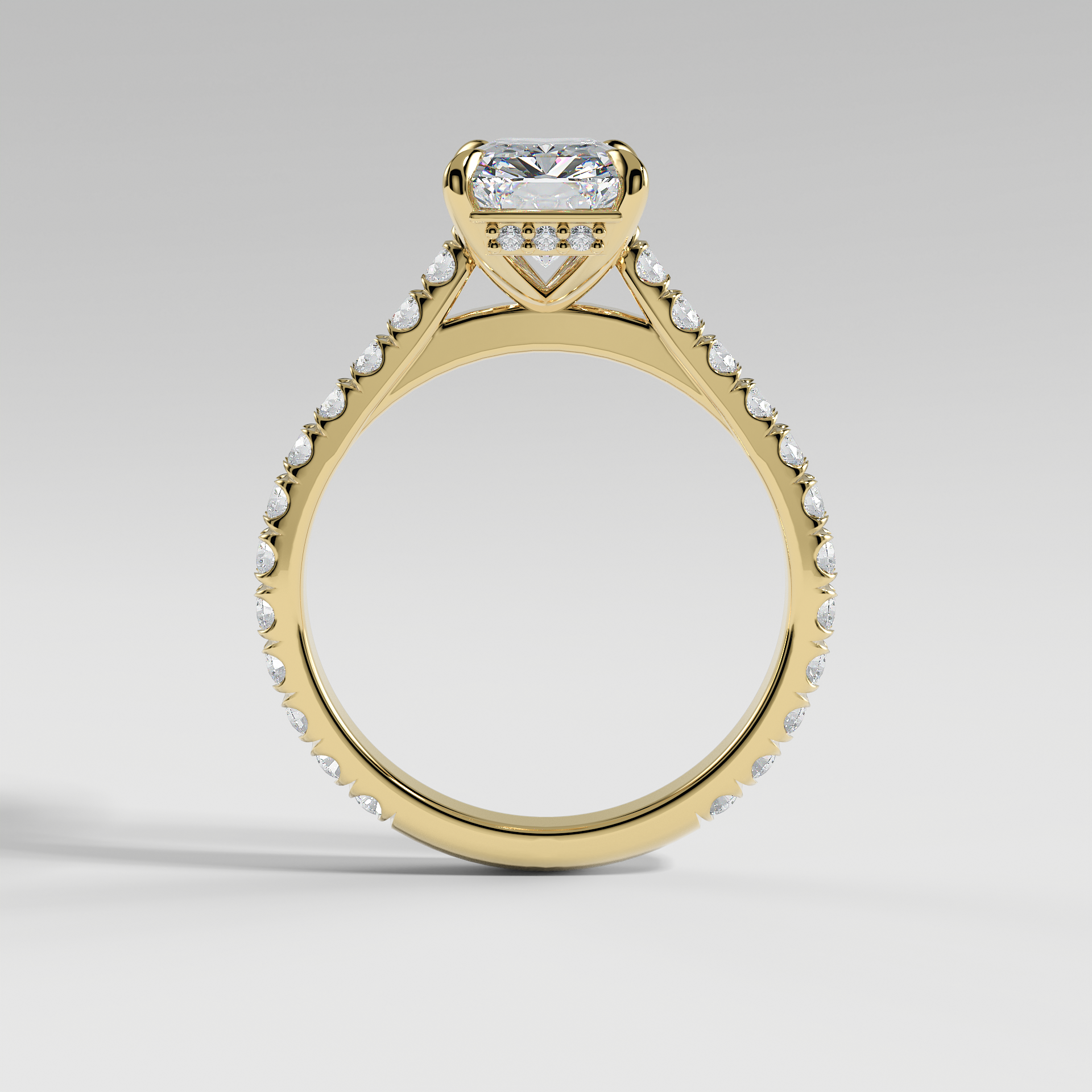 CHARLOTTE - Radiant Solitaire Engagement Ring with Pavé, Cathedral Band, and Hidden Halo