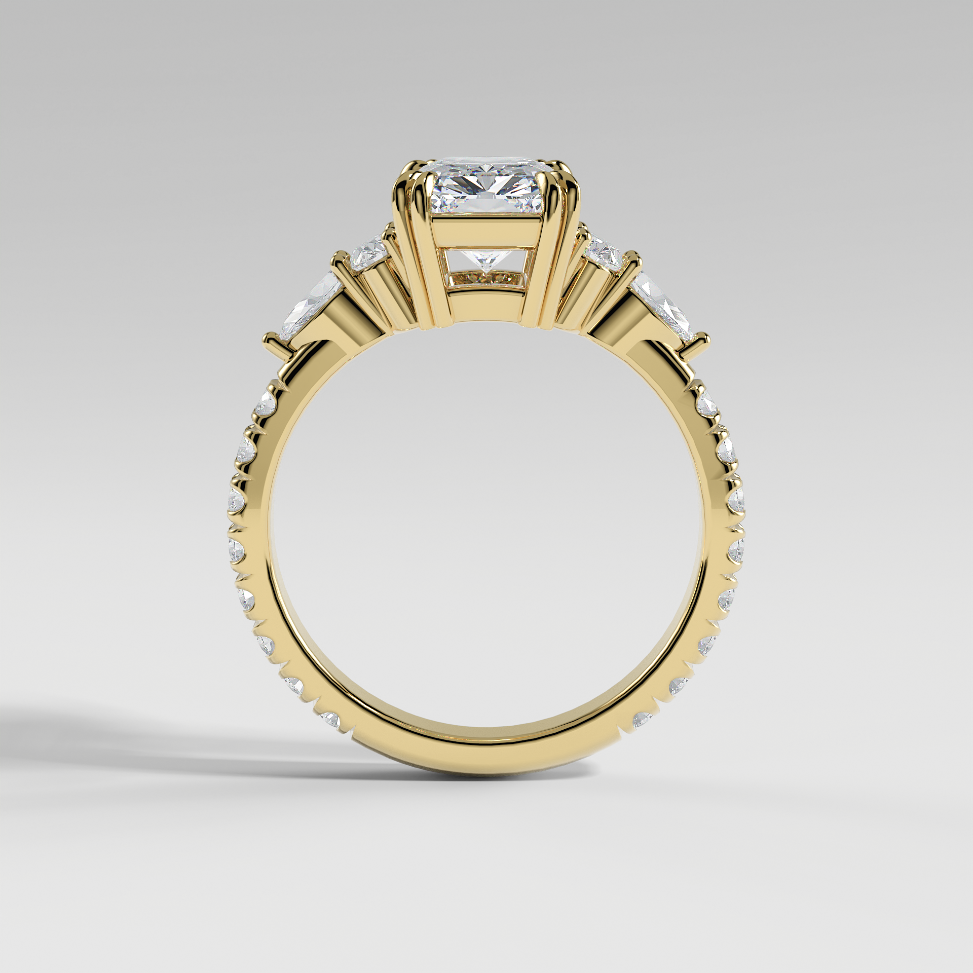 ELEANOR - Radiant Five-Stone Diamond Ring with Oval & Pear Side Stones and Pavé Band