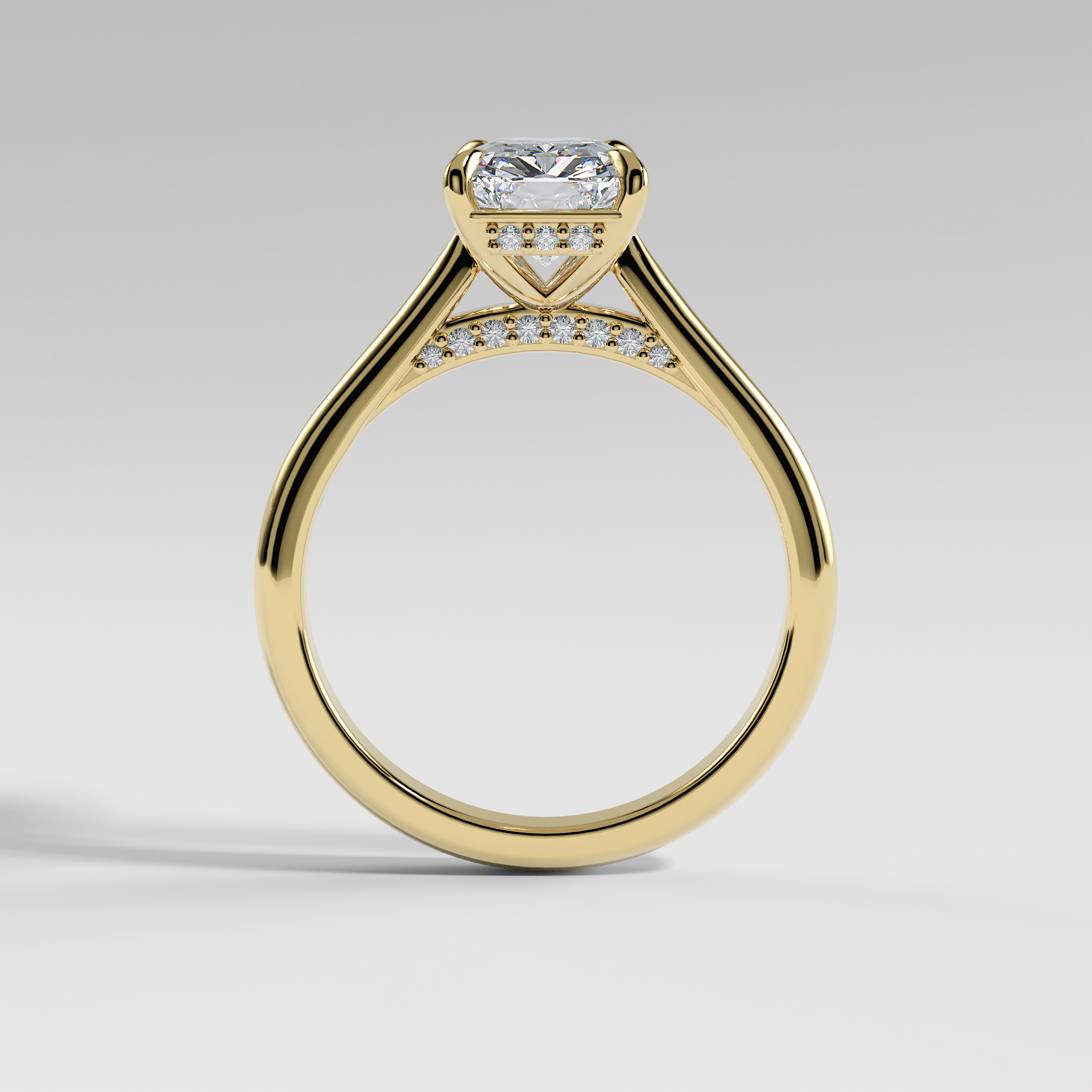 BILLIE - Radiant Solitaire Engagement Ring with Hidden Halo, Polished Cathedral Band, and Pavé Bridge