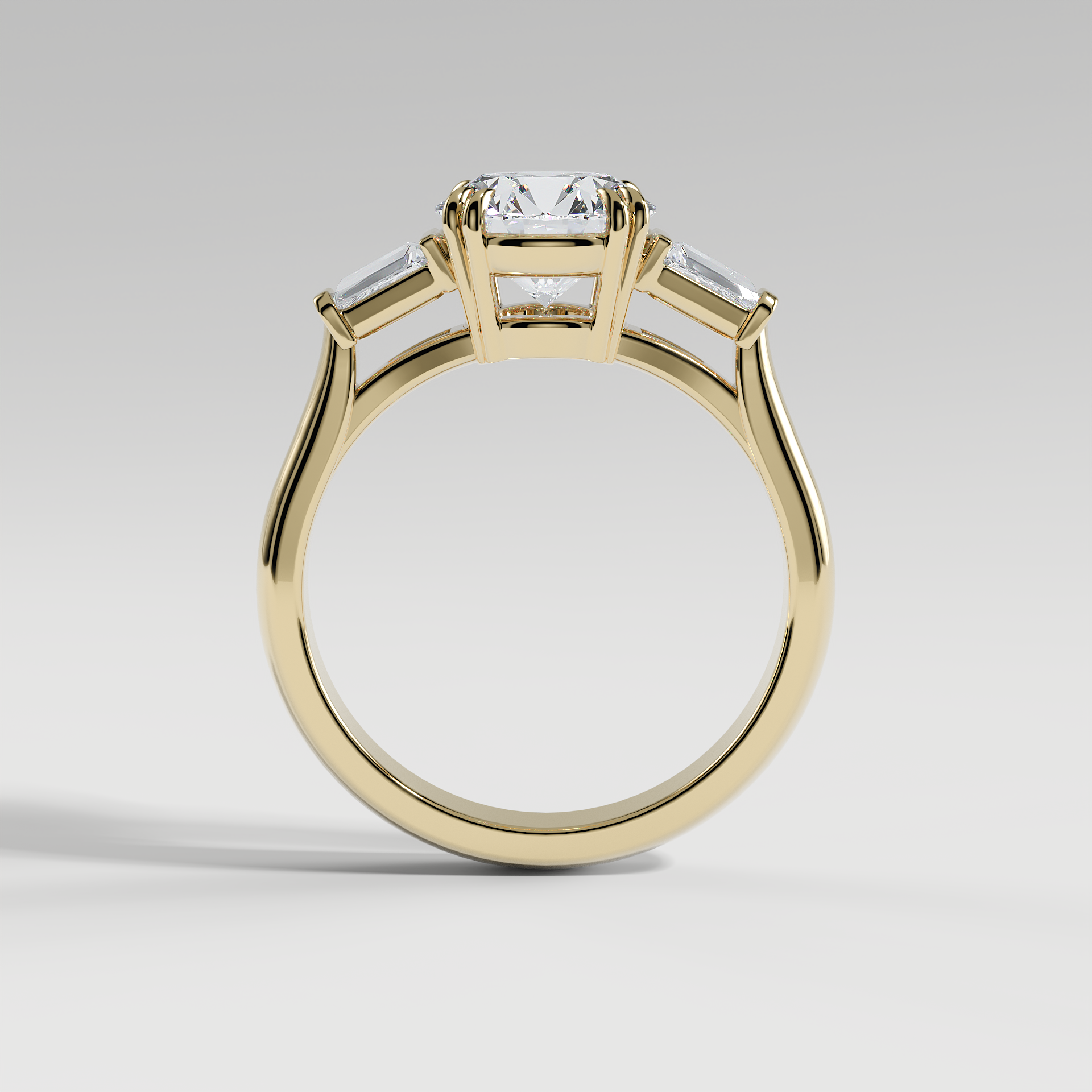 LILY - Round Three-Stone Engagement Ring with Tapered Baguette Side Stones and Polished Cathedral Band