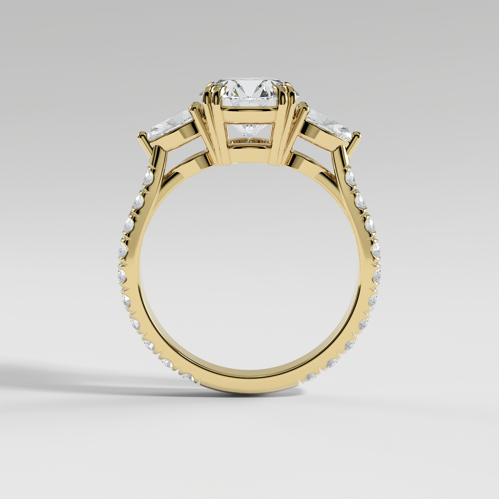 ISLA - Round Three-Stone Engagement Ring with Pear Side Stones and Pavé Cathedral Band