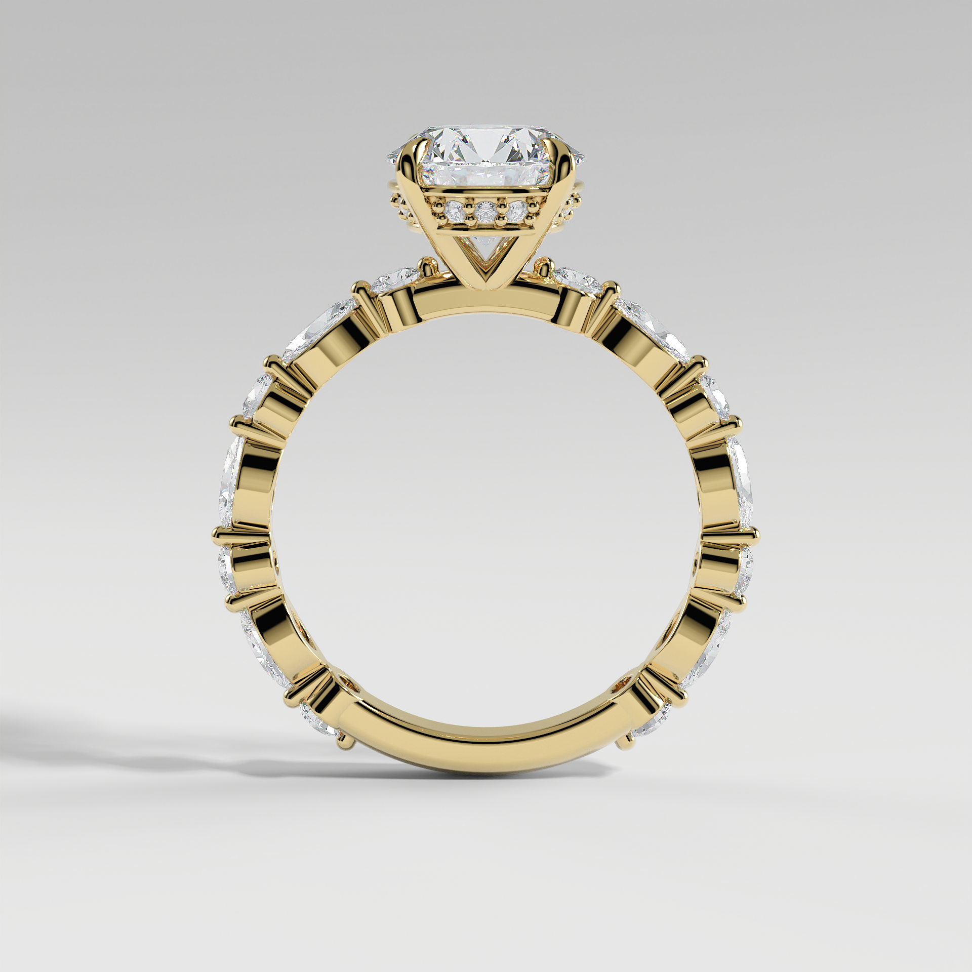 HANNAH - Round Solitaire Engagement Ring with Marquise & Round Accent Stones and Hidden Halo