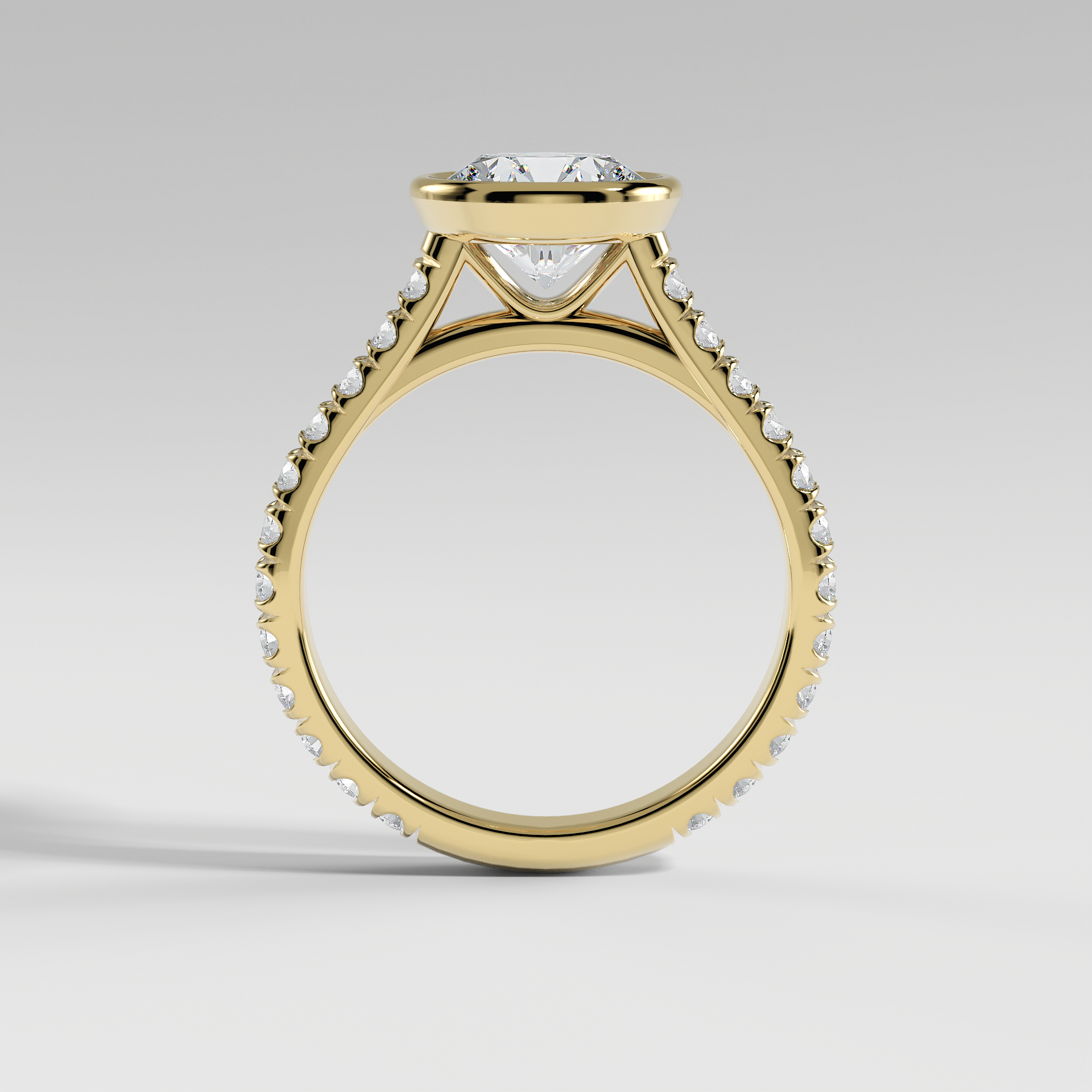 ABIGAIL - Round Solitaire Engagement Ring with Pavé Diamond Cathedral Band and Full Bezel Setting