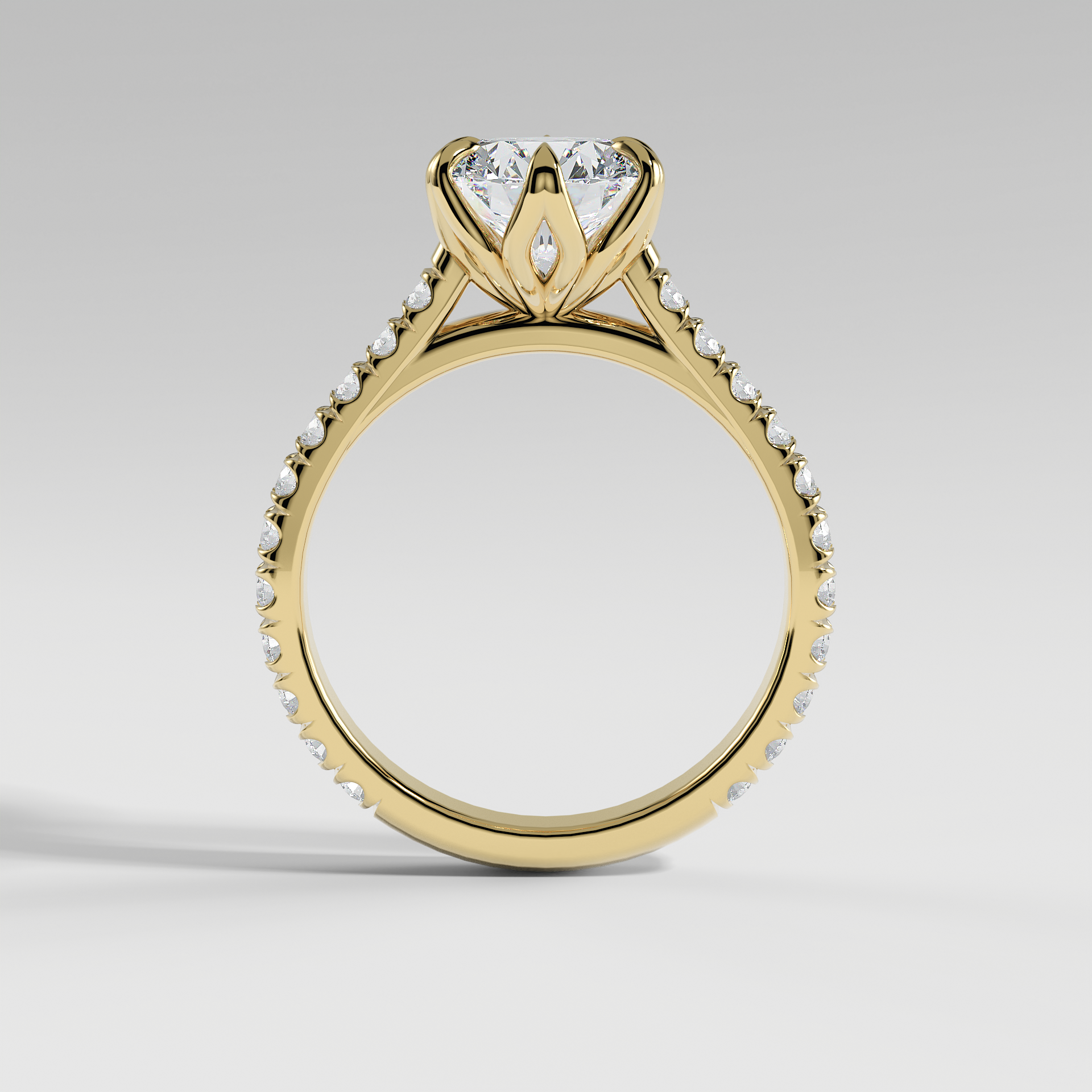 VIOLET - Round Solitaire Engagement Ring with Pavé Diamond Cathedral Band and Lotus Basket