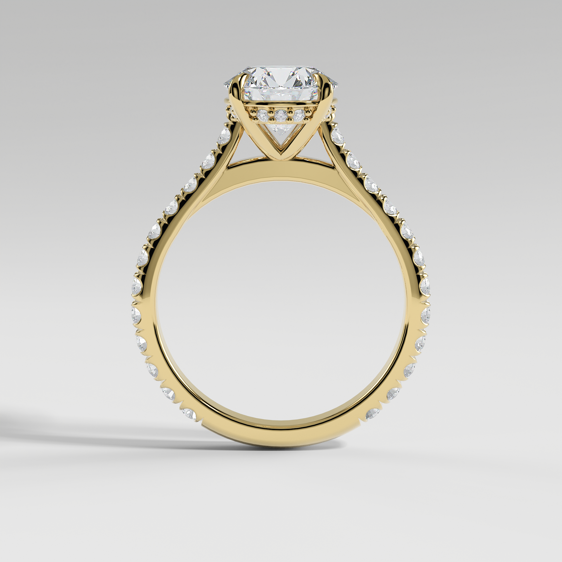 CHARLOTTE - Round Solitaire Engagement Ring with Pavé, Cathedral Band, and Hidden Halo