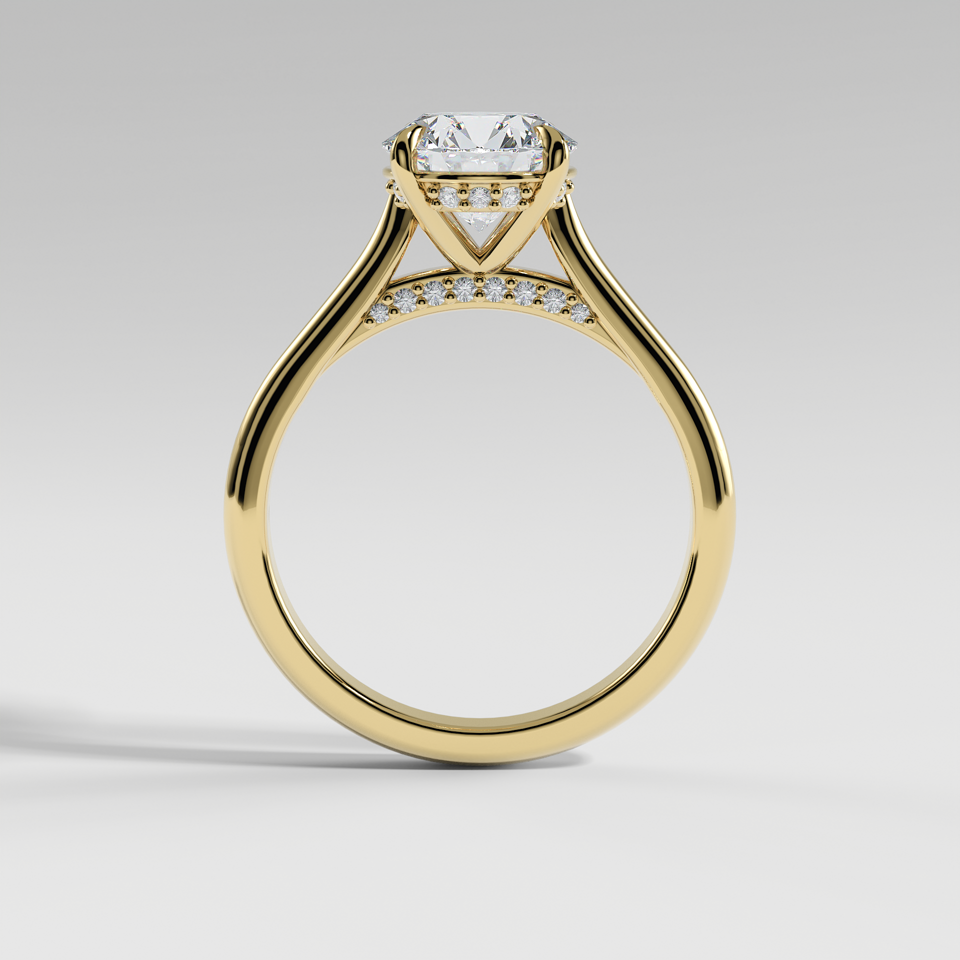 BILLIE - Round Solitaire Engagement Ring with Hidden Halo, Polished Cathedral Band, and Pavé Bridge