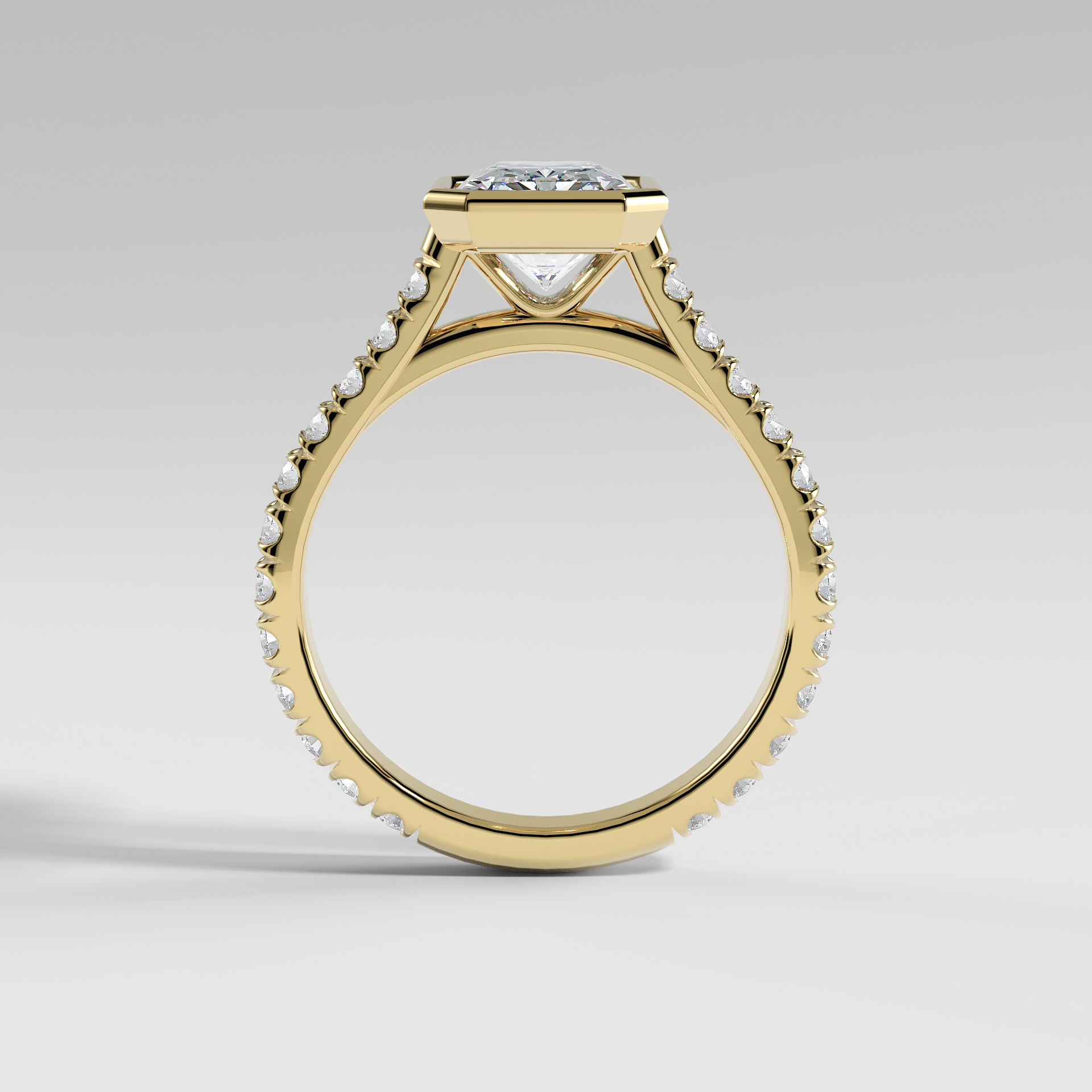 ABIGAIL - Radiant Solitaire Engagement Ring with Pavé Diamond Cathedral Band and Full Bezel Setting